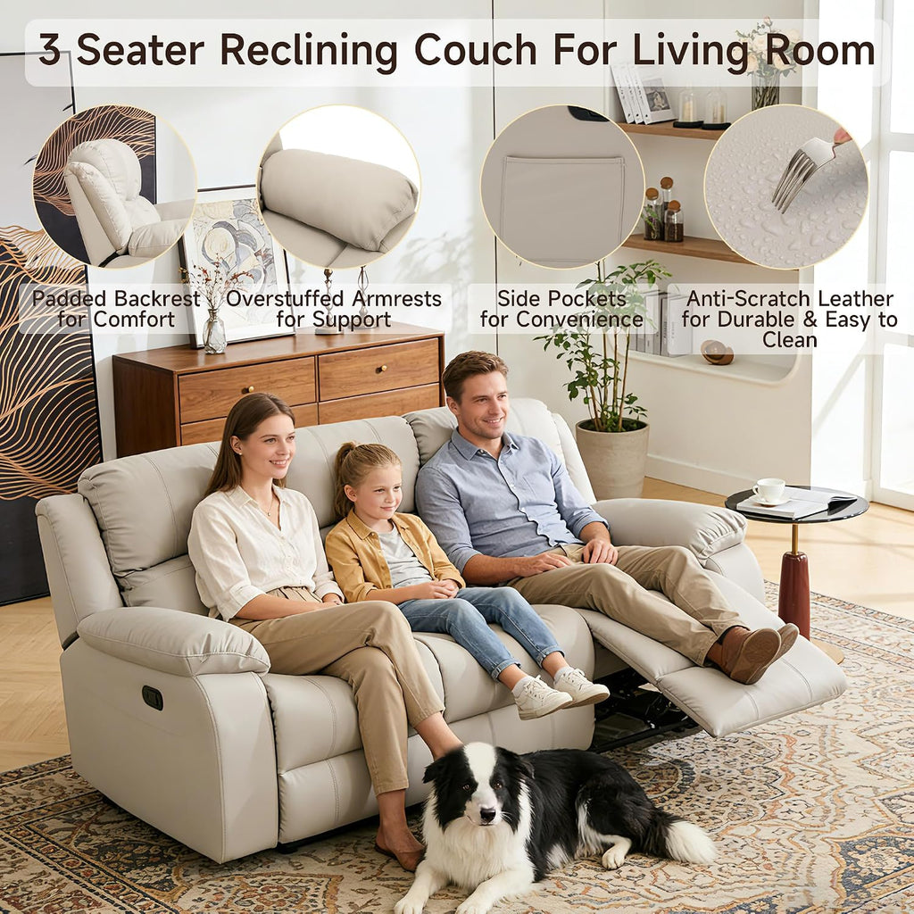 Reclining Loveseat Sofa Leather Recliner Sofa 3 Seater Couch for Living Room, Home Theater Seating(3 Seat,Beige)