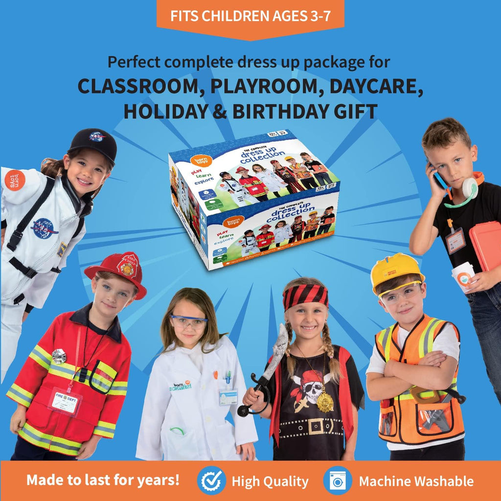 Born Toys 3-in-1 and 6-in-1 Kids' Dress Up & Pretend Play - Kids Costumes for Boys & Girls Ages 3-7 Washable Toddler Dress up Clothes w/Storage Box