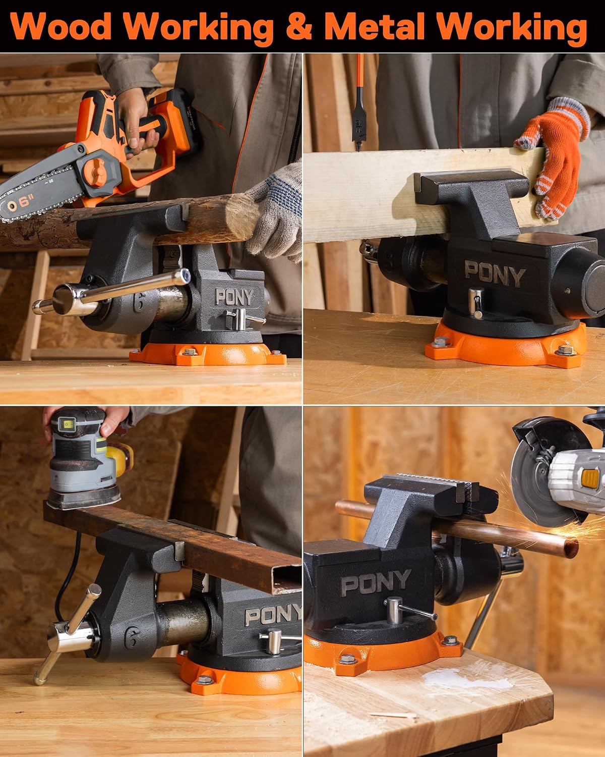 PONY 6 Inch Heavy Duty Bench Vise 8800LBS Clamping Force, Pro Workshop Workbench Vise with 360-Degree Rotatable Base and Anvil, 6-inch Jaw Opening and Width for Woodworking, Drilling, Pipe Cutting