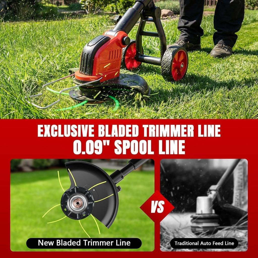 20000 RPM Electric Weed Wacker with Wheel,12″ Brushless Cordless Weed Eater Battery Powered,4-in-1 Brush Cutter/String Trimmer/Grass Edger/Tiller for Garden,Weed Trimmer,2 Battery (Black Red)