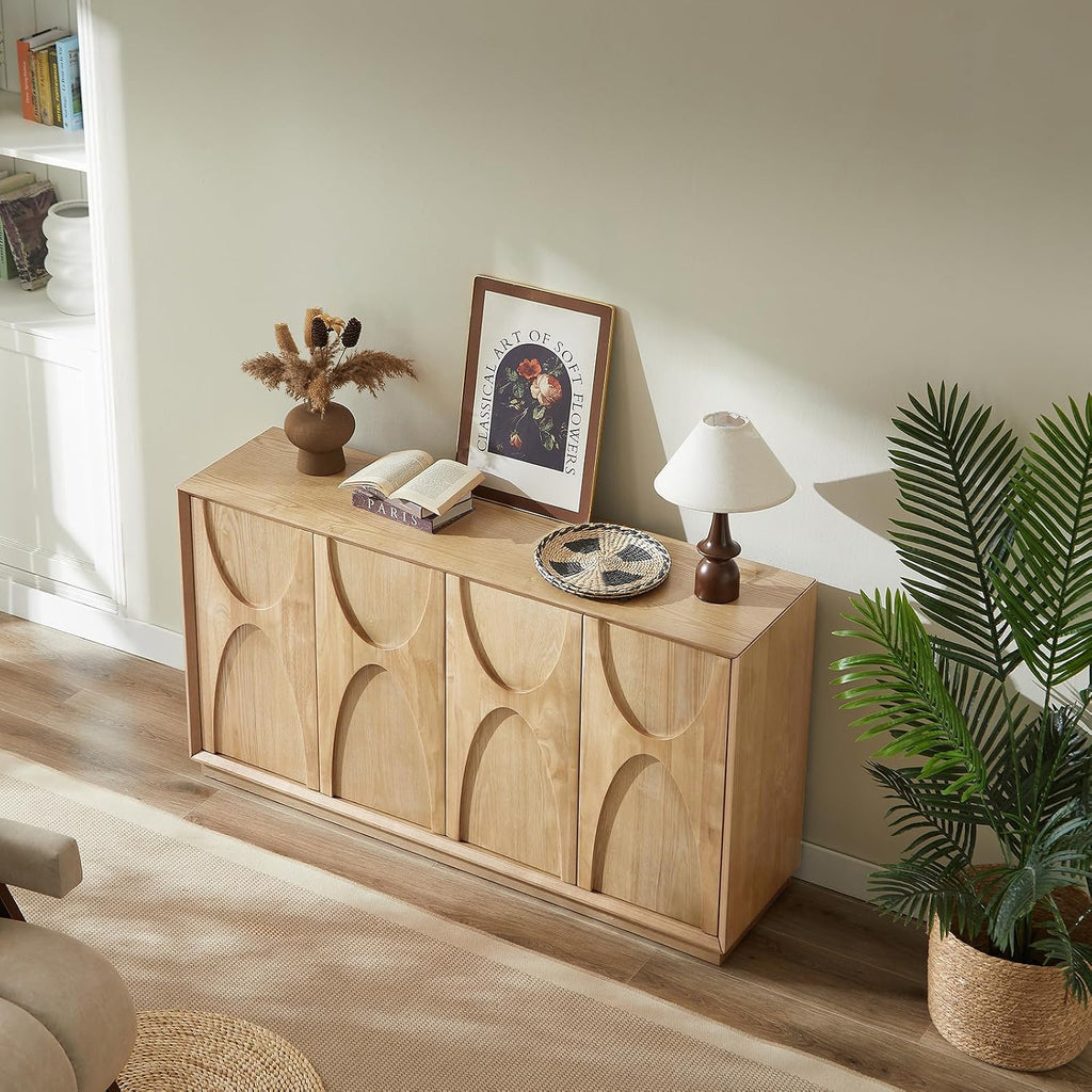 LKTART 59' Sideboard Buffet Cabinet Retro Accent Storage Cabinet with Magnetic Door Latches Adjustable Shelf for Living Room Kitchen(Natural Oak)