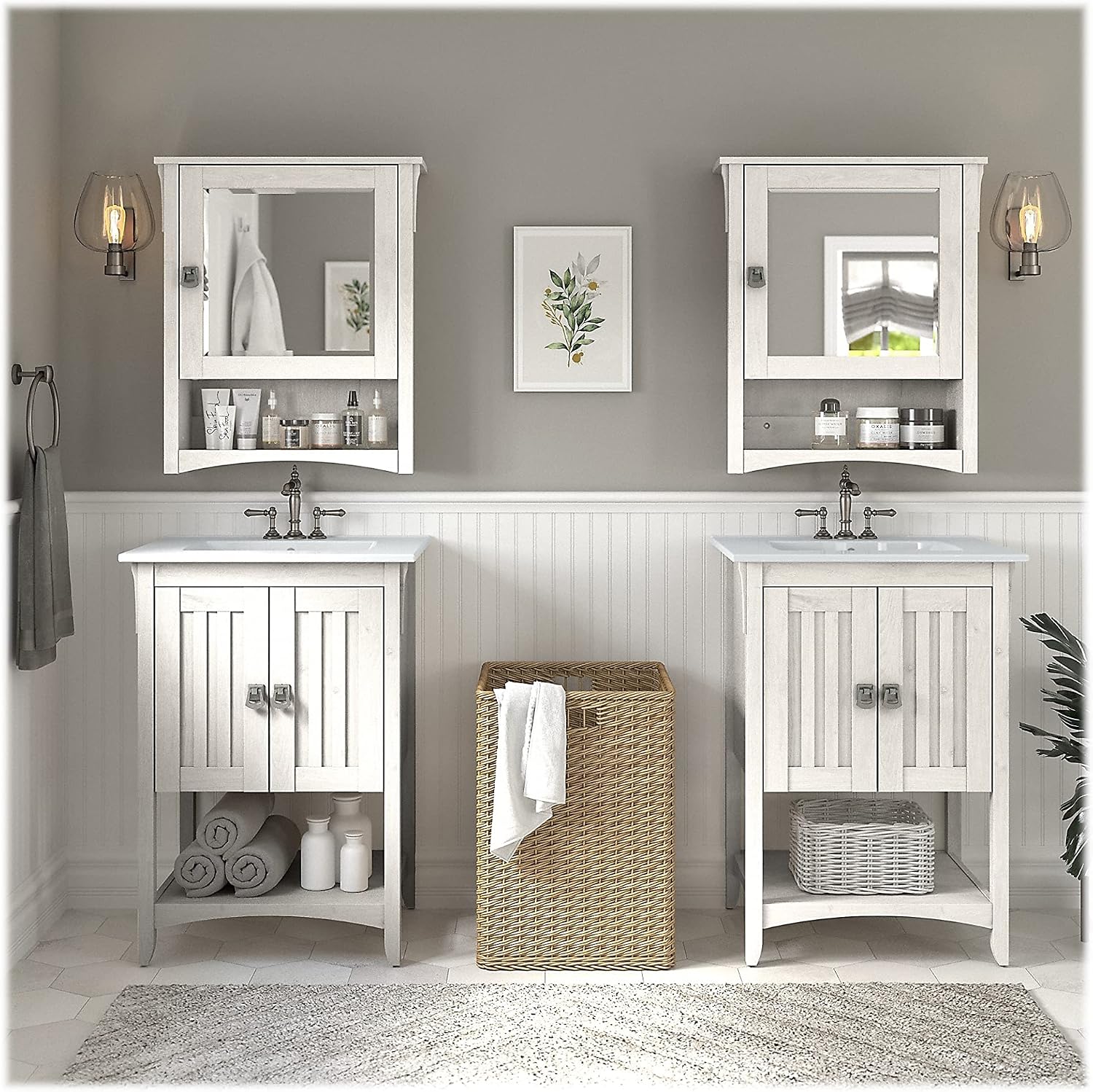 Bush Home Salinas 48W Double Vanity Set with Sinks and Medicine Cabinets in Linen White Oak