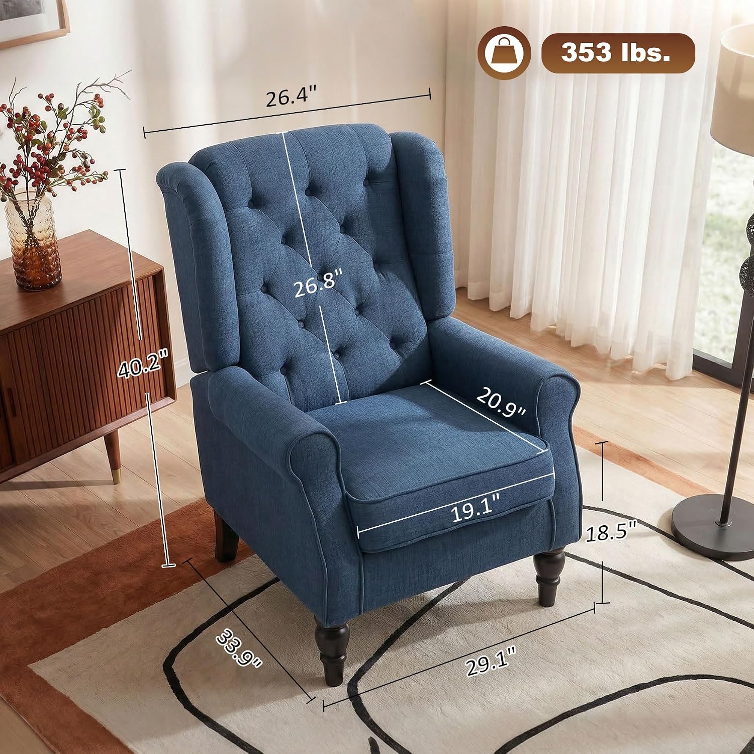 HOMCOM Mid-Century Modern Accent Chair, High Wingback Reading Chair, Button-Tufted Upholstered Fabric Armchair with Retro Wood Legs for Apartment, Living Room, Bedroom, Blue