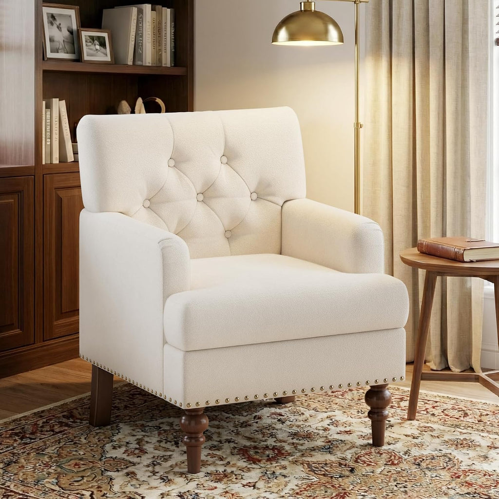 MALOL Upholstered Accent Chair, Comfy Reading Chair for Living Room, Mid Century Modern Armchair with Thick Cushion & Solid Rubberwood Legs, for Bedroom/Small Spaces, Beige