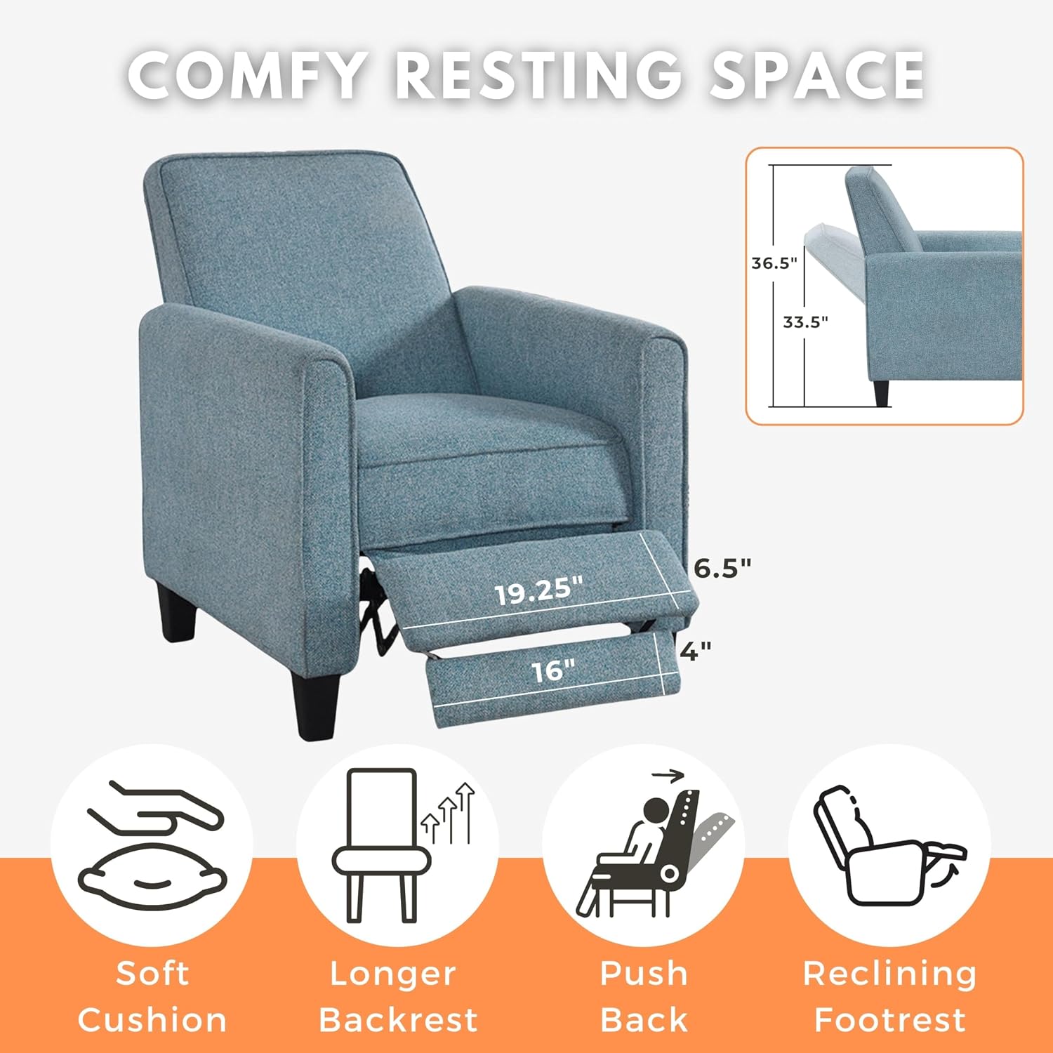 24/7 Shop at Home Mulvane Modern Recliner Chair with Push Back & Foot Rest, Single Couch with Fabric Upholstered & Plastic Legs, Sofa Reclinable Individual for Bedroom, Living Room, Home Office, Blue