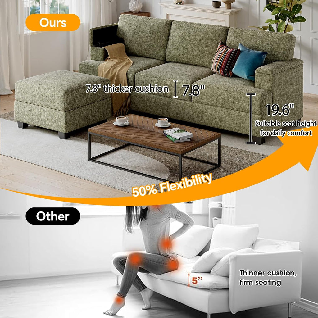 85'' L Shaped Couch with Armrest Organizer,3 Seats Sofas with Movable Ottoman,Comfy Sectional Sofa with Thick Cushion,Chenille Sectional Couches for Living Room,Bedroom,Apartment,Home Furniture,Green