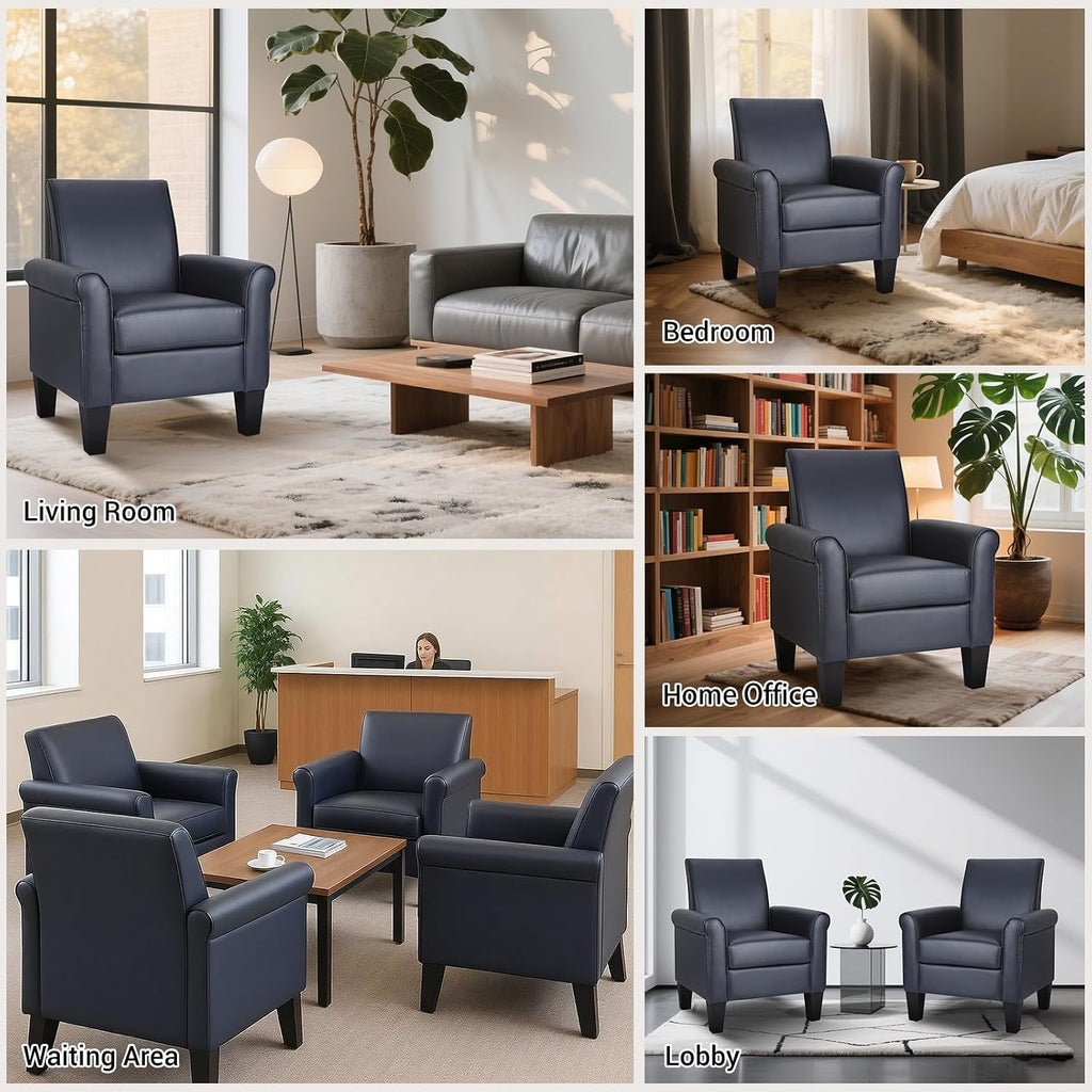 Mid-Century Modern Leather Accent Chairs Overstuffed Leather Living Room Chair Upholstered Comfortable Club Chair PU Leather Armchair for Bedroom Office Waiting Room -Dark Blue
