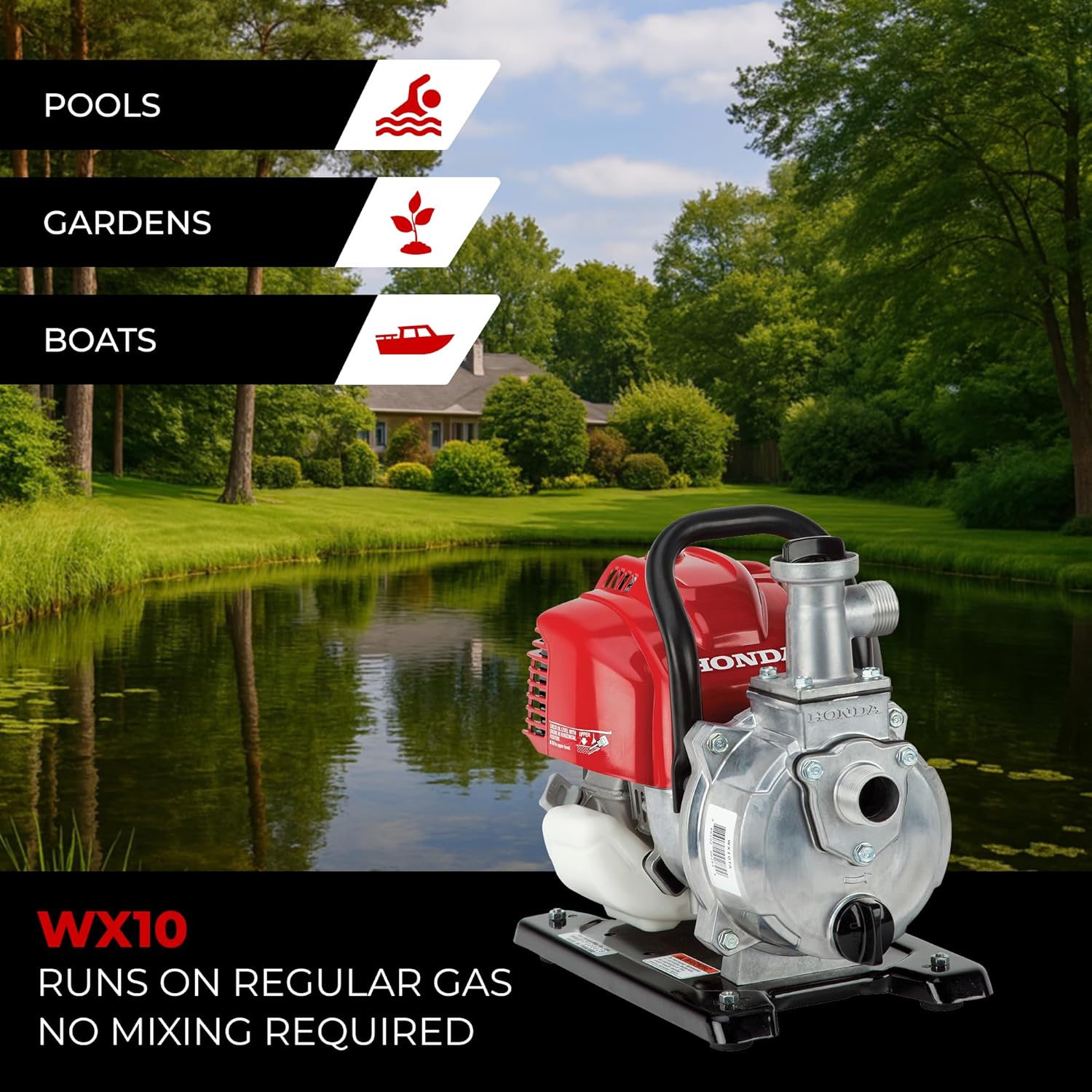 Honda Power Equipment WX10 52 PSI 4-Stroke Commercial Engine Gasoline Powered Water Pump with Hose Adapter, Suction Hose, Clamps, and Strainer