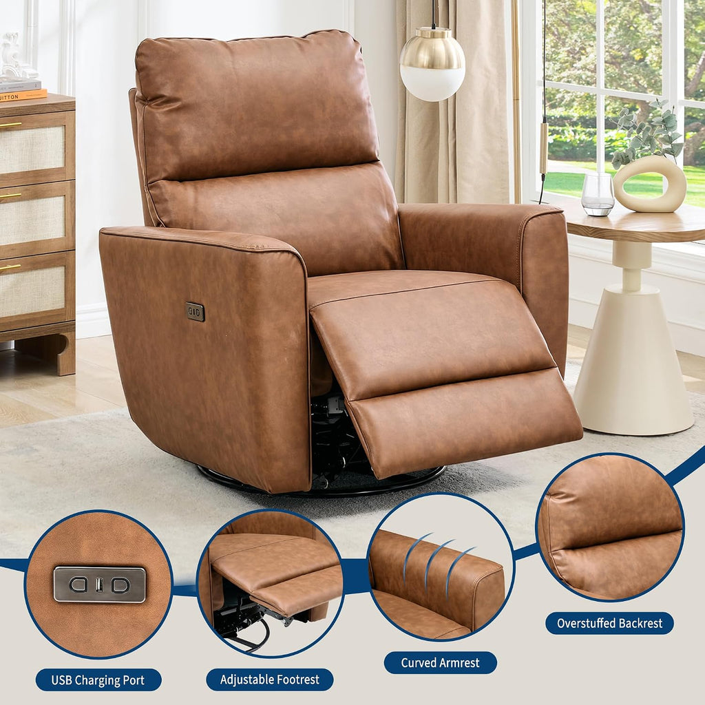 GarveeHome Power Recliner Chair, 270° Swivel Rocking Glider with USB Charging Port, PU Leather Upholstered Fabric, Ergonomic Modern Nursery Chair for Living Room, Bedroom, Nursery (Brown)