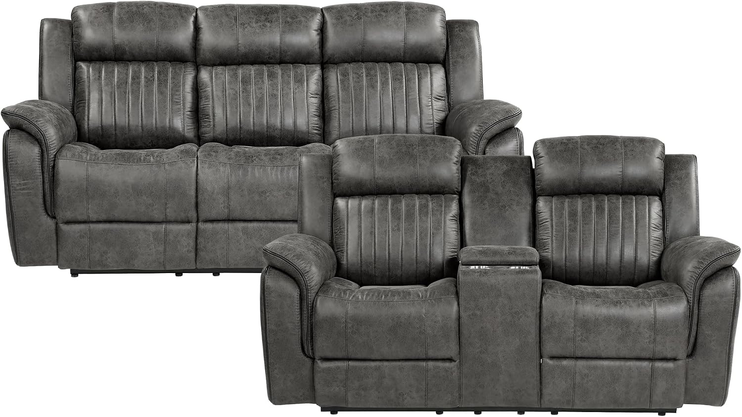 Lexicon Recliner Living Room Set, Home Theater Seating, Manual Polished Microfiber Upholstery Sofas, RV Couch Including Double Recliner Sofa and Loveseat, 2-Piece Set, Brownish Gray