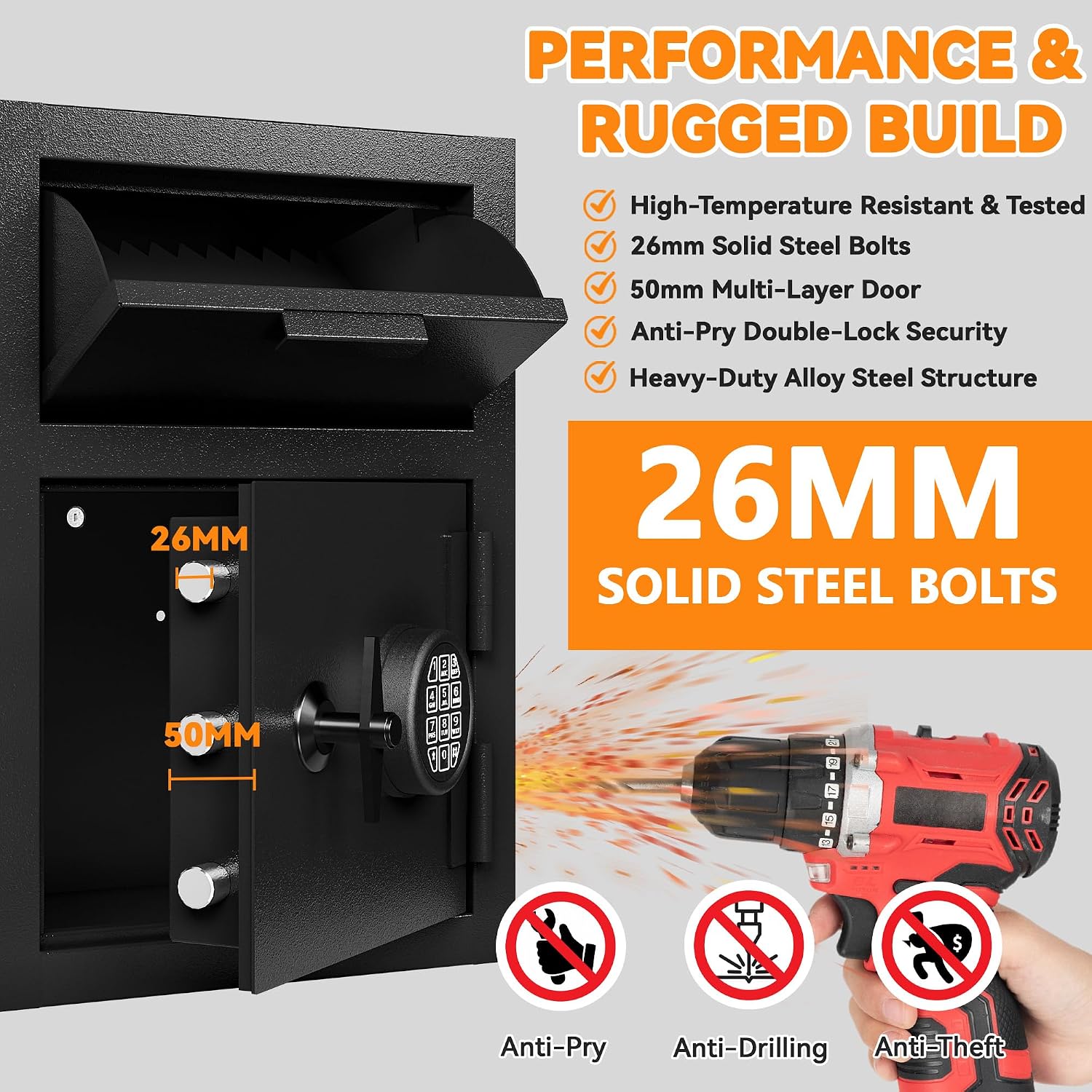 KAER 2.6 CuFt Drop Safe for Business, Cash Safe with Drop Slot, 53.8 lbs Heavy Duty Money Safe Box with Deposit Slot, Anti-Theft Safety Boxes for Home Floor Safe, Quick Access Digital Keypad Keys