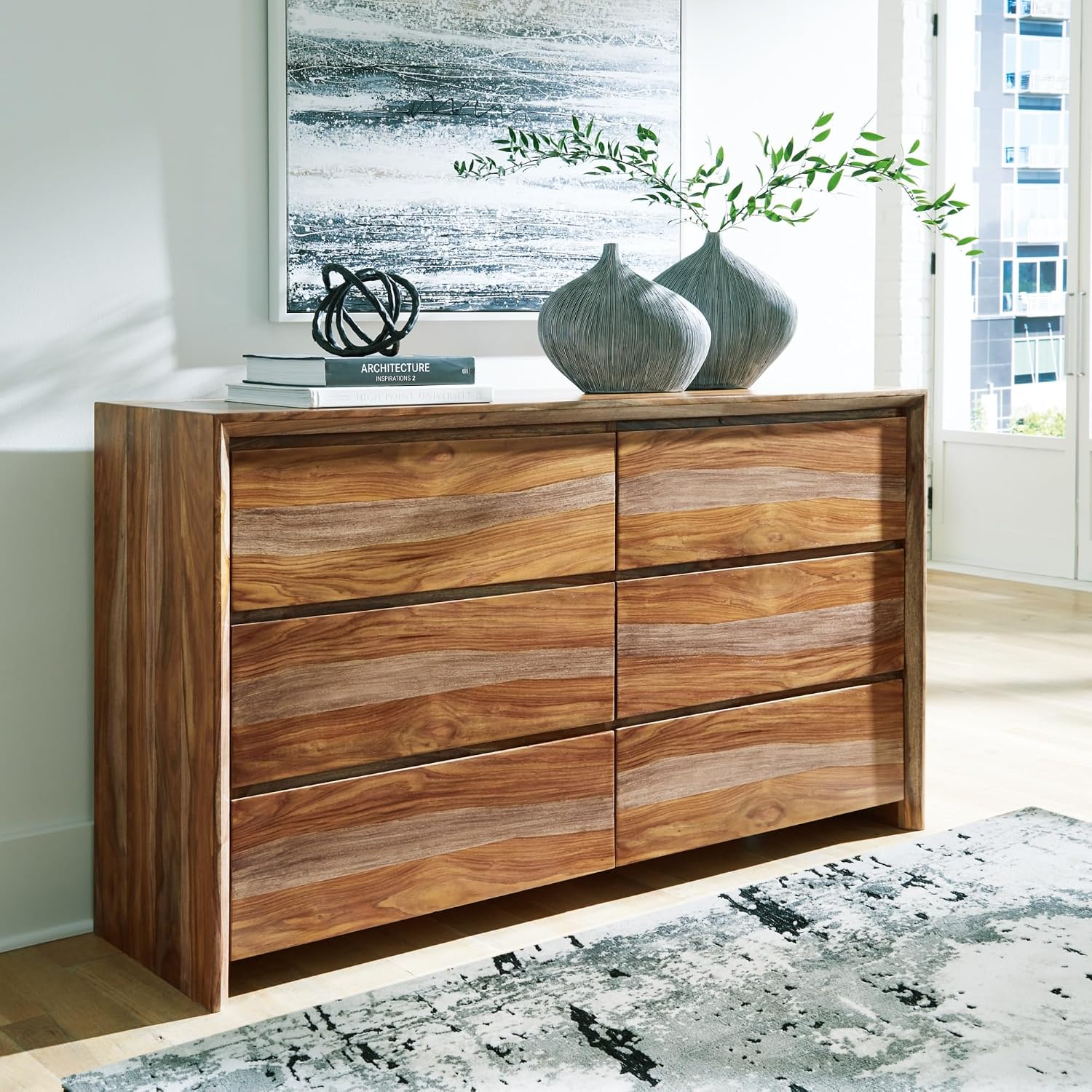 Signature Design by Ashley Dressonni Farmhouse 6-Drawer Dresser with Beveled Edge and Felt Lining, Light Brown