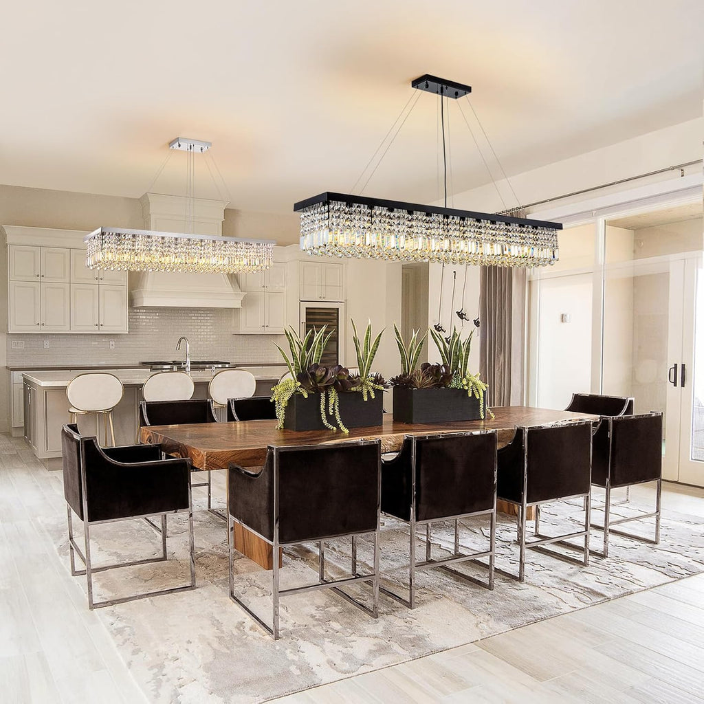 7PM Rectangle K9 Crystal Chandelier, 13-Light Modern Dining Room Linear Ceiling Chandelier, Rectangular Pendant Lighting Fixture for Kitchen Island Bedroom, Black Finish L59'' x W10'' x H9''