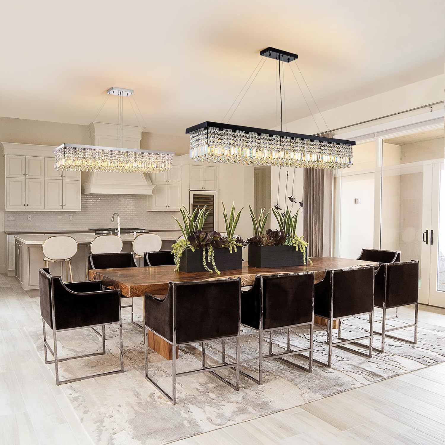 7PM Rectangle K9 Crystal Chandelier, 13-Light Modern Dining Room Linear Ceiling Chandelier, Rectangular Pendant Lighting Fixture for Kitchen Island Bedroom, Black Finish L59'' x W10'' x H9''