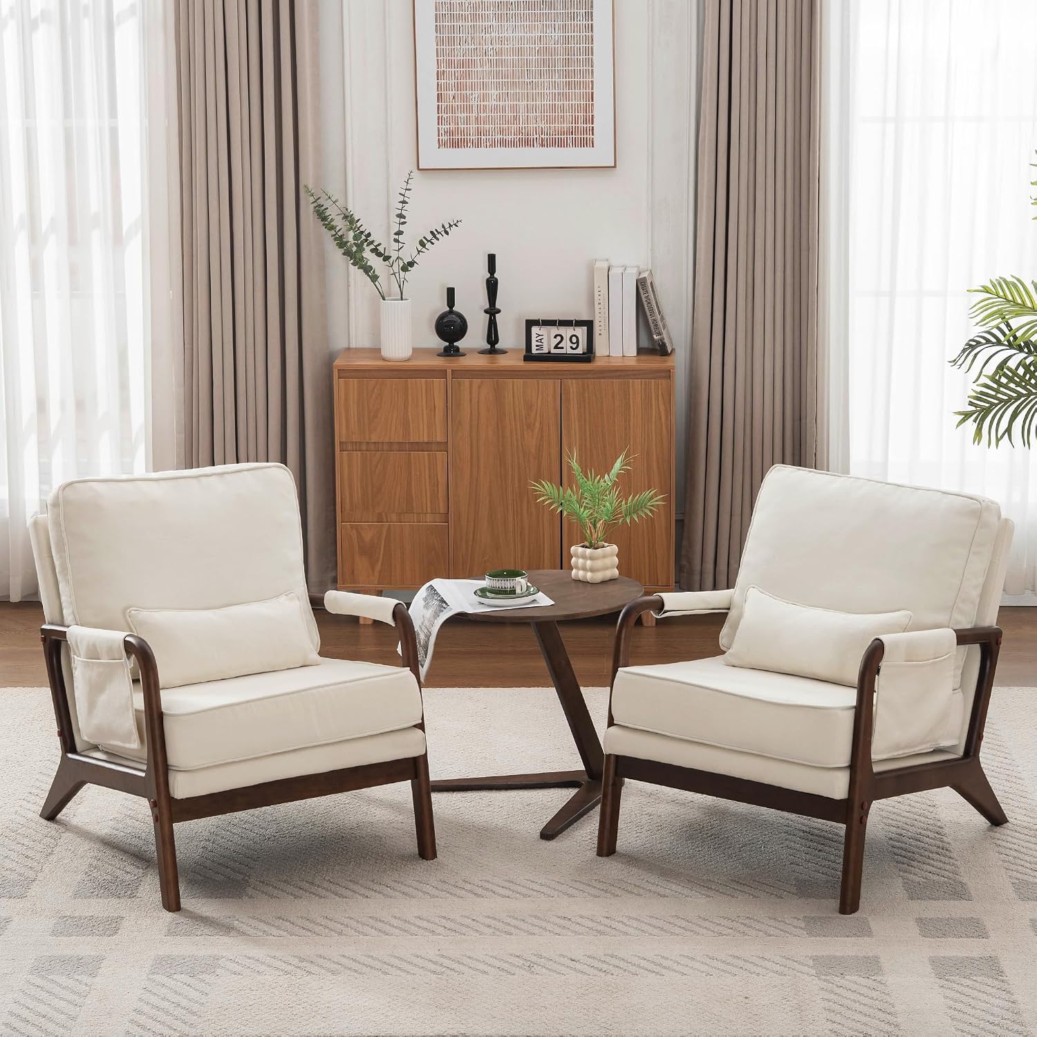 Mid Century Modern Chair Set of 2, Upholstered Lounge Arm Chair with Solid Wood Frame, Comfy Accent Chair for Living Room, Bedroom, Reading,Waiting,Reception, Beige