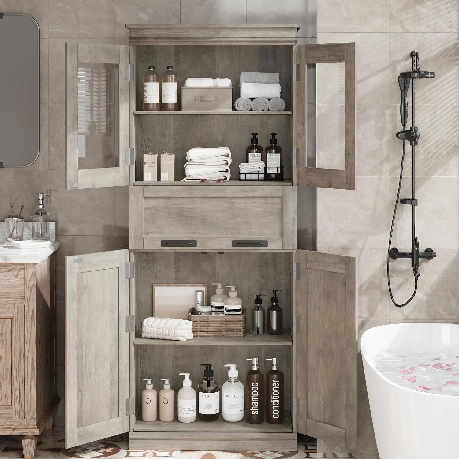 GarveeHome 67' Tall Bathroom Cabinet with 4 Doors & Flip Glass Drawer, Storage Cabinet with Adjustable Shelves, Freestanding Organizer for Kitchen, Living Room (Oak)