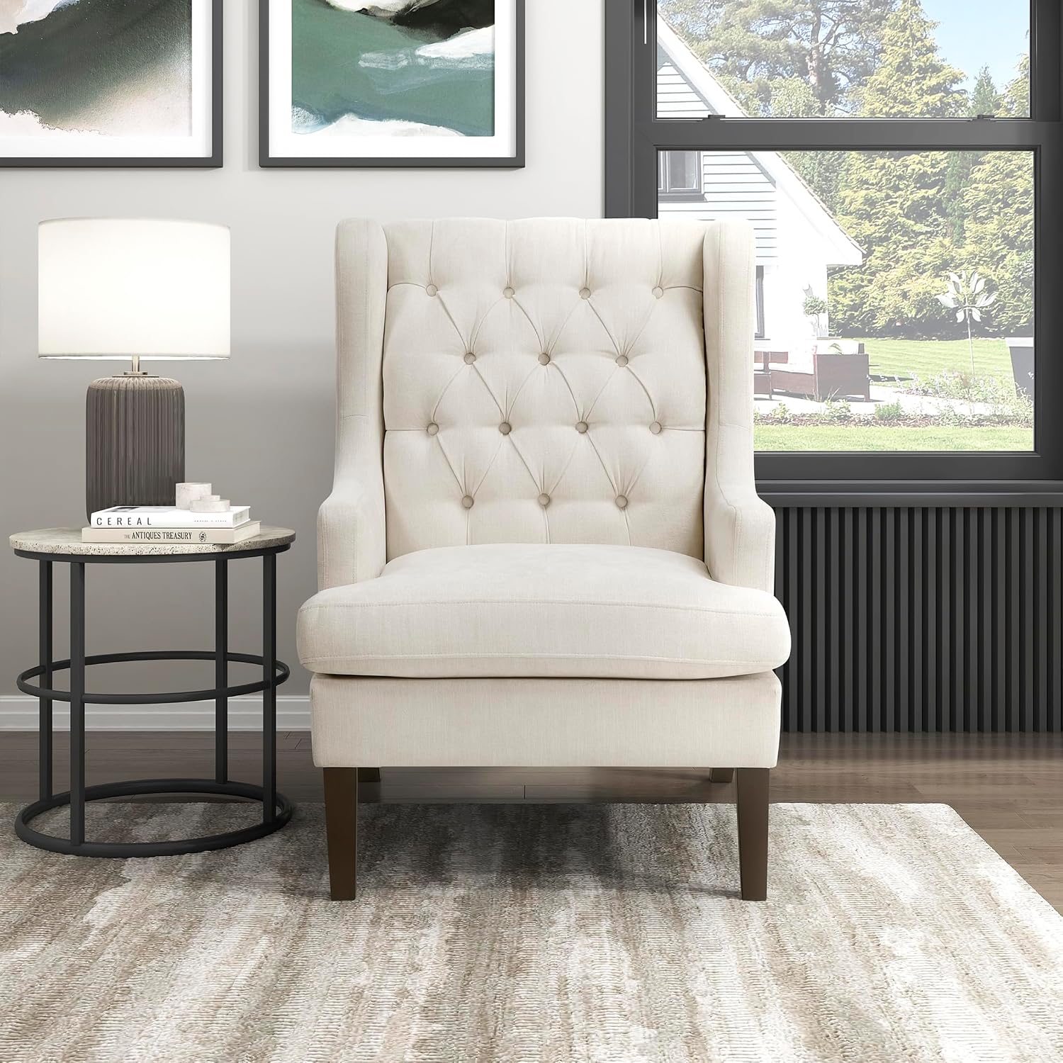 Lexicon Living Room Accent Chair, Textured Fabric Upholstered Reading Chair, Button-Tufted, High Wingback for Living Room/Bedroom/Office, Beige