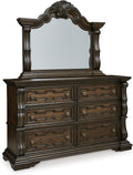 Signature Design by Ashley Maylee 6 Drawer Traditional Dresser with Mirror, Bedroom Chest of Drawers, Hardwood Solids, Oak & Ash Swirl Veneers, MDF Substrates, Cast Resin, Dark Brown