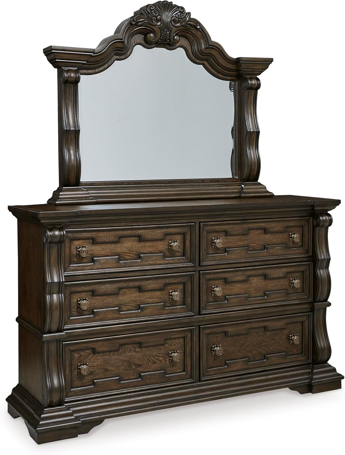 Signature Design by Ashley Maylee 6 Drawer Traditional Dresser with Mirror, Bedroom Chest of Drawers, Hardwood Solids, Oak & Ash Swirl Veneers, MDF Substrates, Cast Resin, Dark Brown