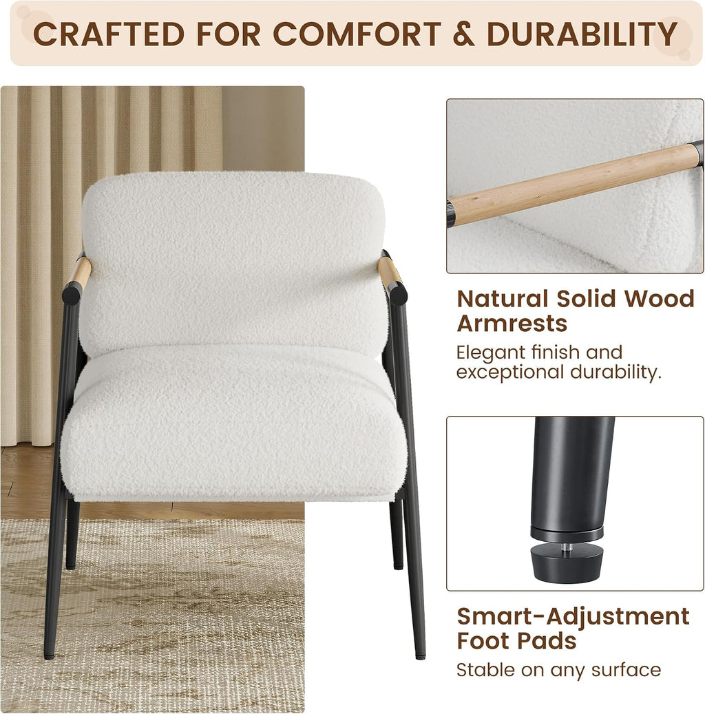 GarveeHome White Comfy Chair Set of 2, Modern Accent Chair with Metal Frame, Cozy Reading Chair with Soft Cushion & Wood Armrest for Bedroom, Living Room, White Set of 2