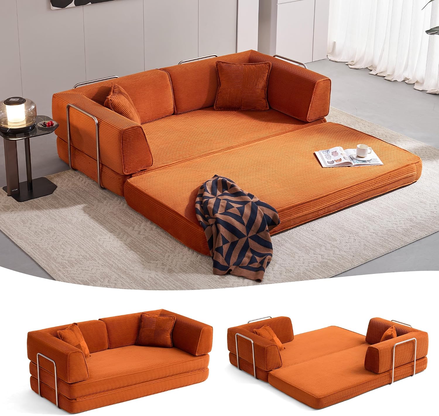 LINSY HOME Sofa Bed Couch - Convertible Boneless Couch Bed with 2 Pillow (Orange) | Folding Sofa Bed