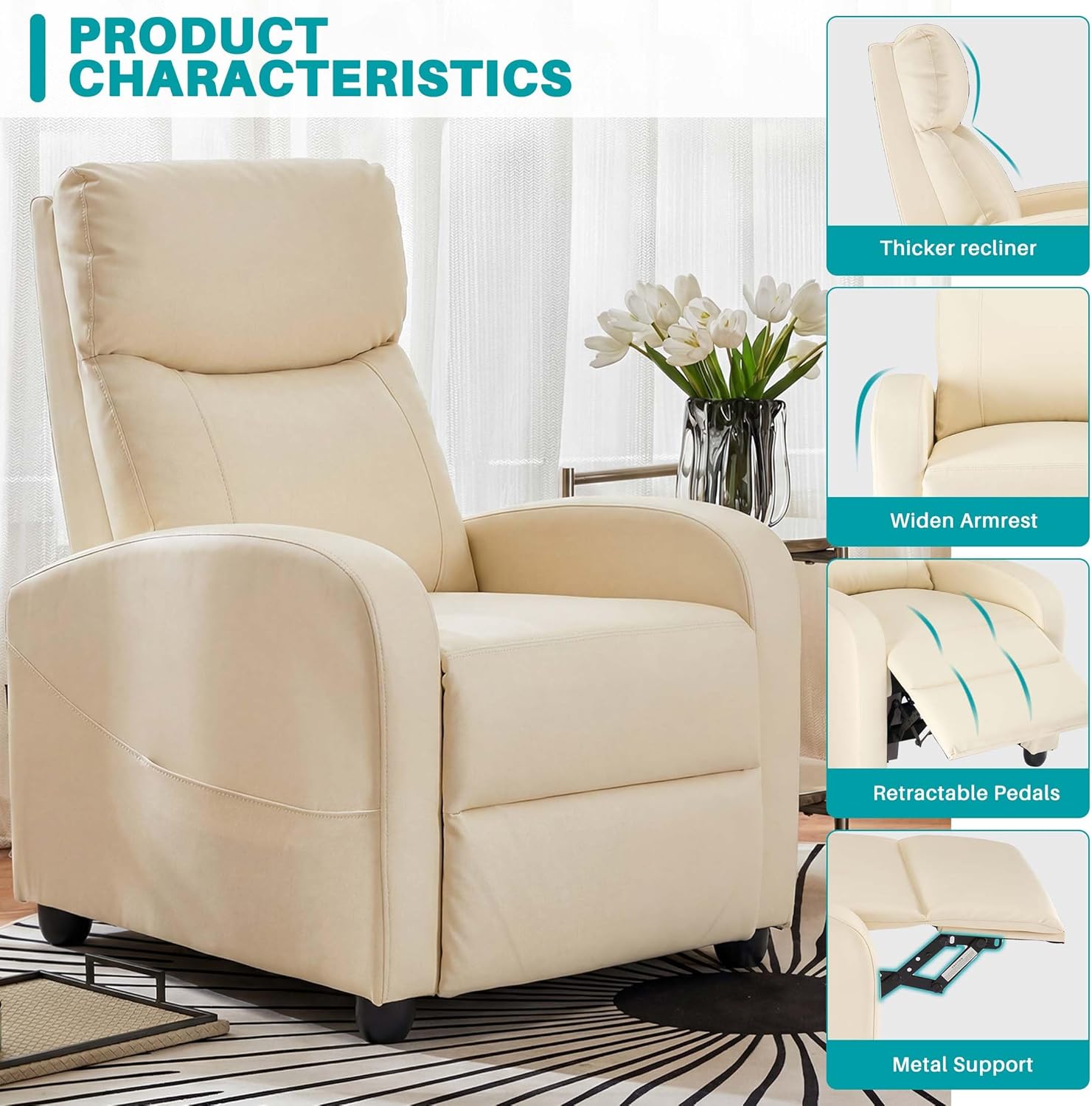 Sweetcrispy Massage Recliner Chair for Adults, Adjustable Home Theater Seating with Lumbar Support for Living Room, Modern Fabric Reclining for Small Space, Beige