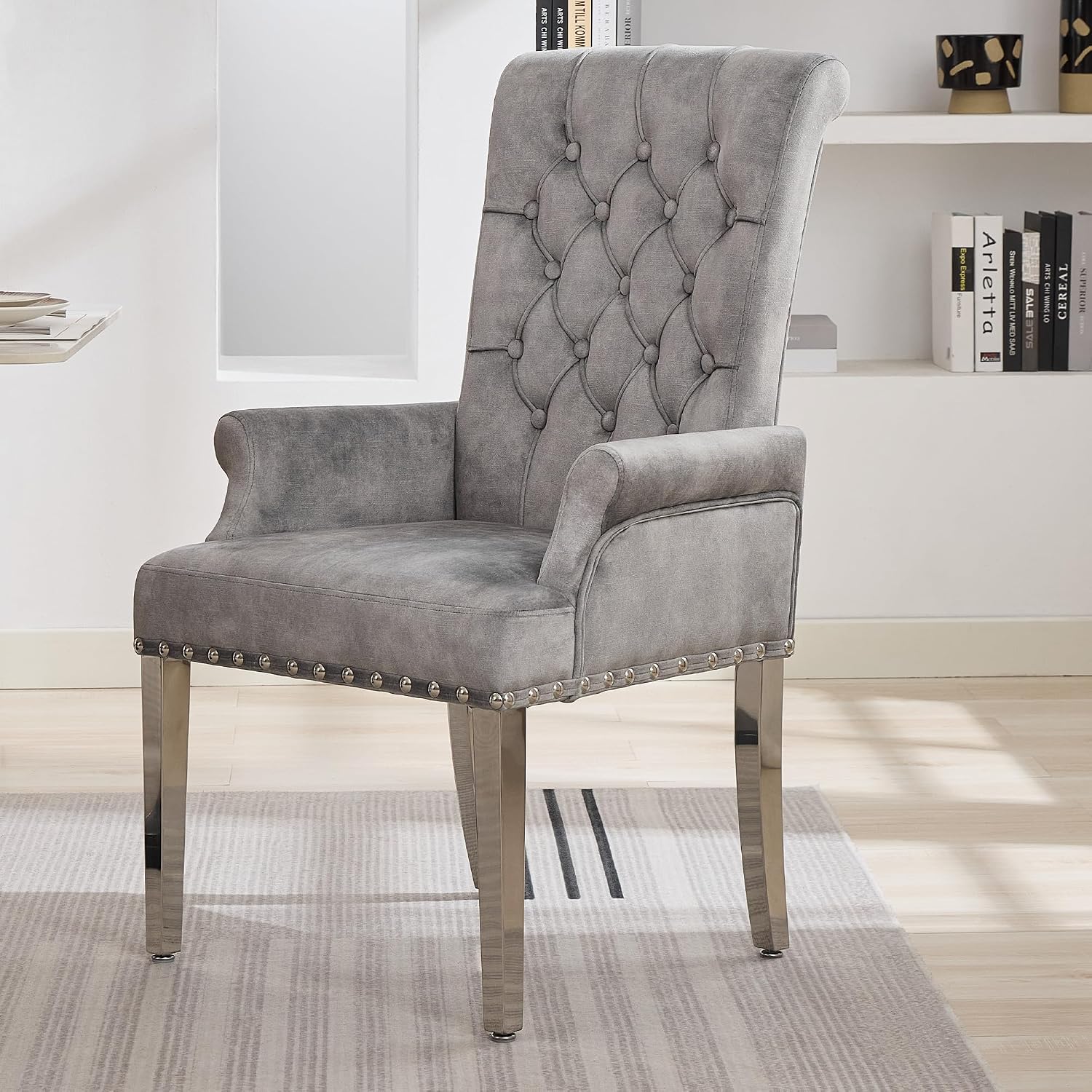 WUTUTUEE Velvet Dining Chair with Arms, Upholstered Tufted High Back Dining Room Chairs, Accent Armchair with Chrome Leg and Nailhead Trim, Kitchen Dining Living Room, Grey