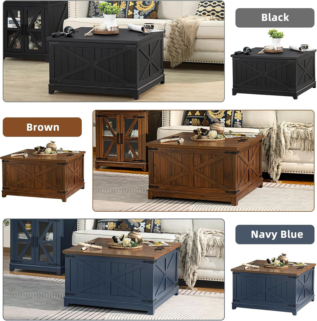 Joaxswe Farmhouse Coffee Table with Hidden Storage Organizer, Black Square Large Center Table, Wood Farm House Low Modern Living Room Tables with Hinged Lift Top for Home, Office