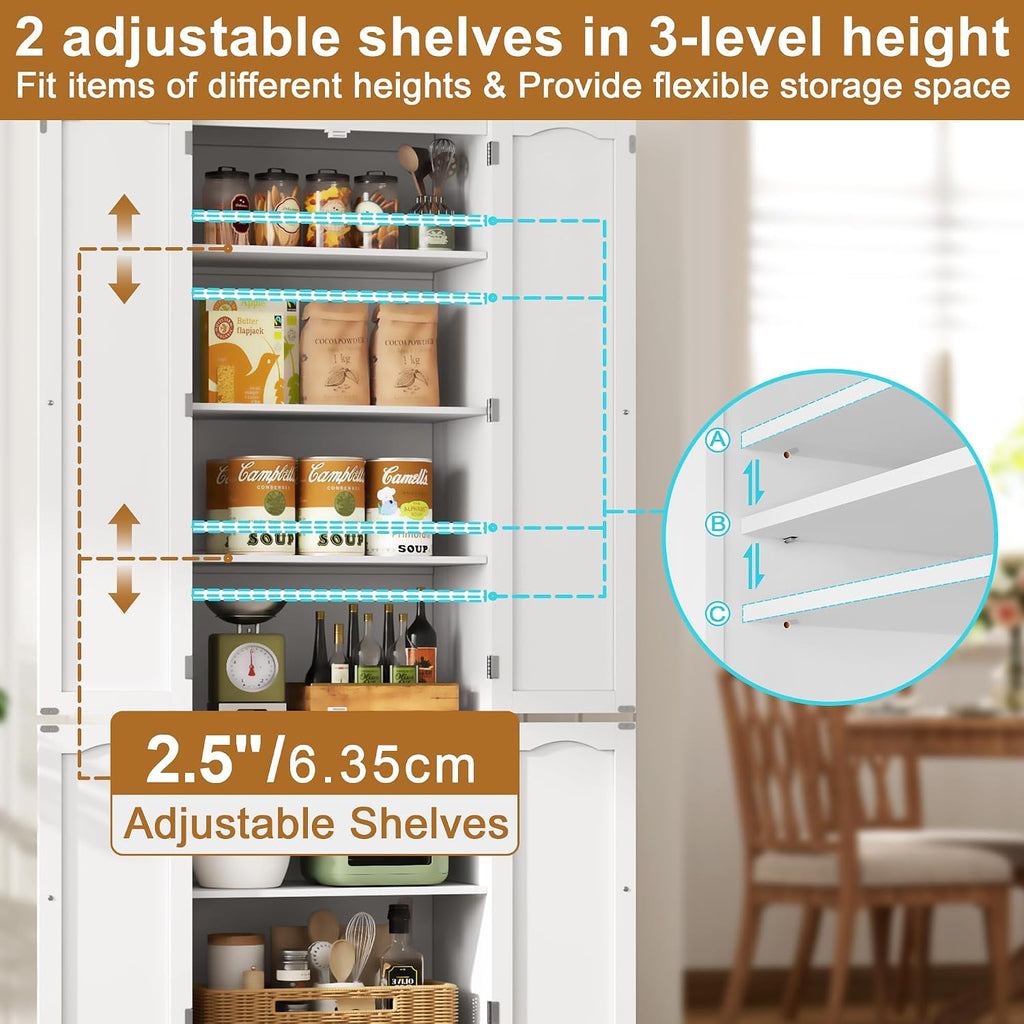 Function Home 72' Kitchen Pantry Cabinet, Freestanding Storage Cabinets, Tall Food Pantry with Doors and Adjustable Shelves, Utility Floor Cabinet for Kitchen Dining Room Living Room, White