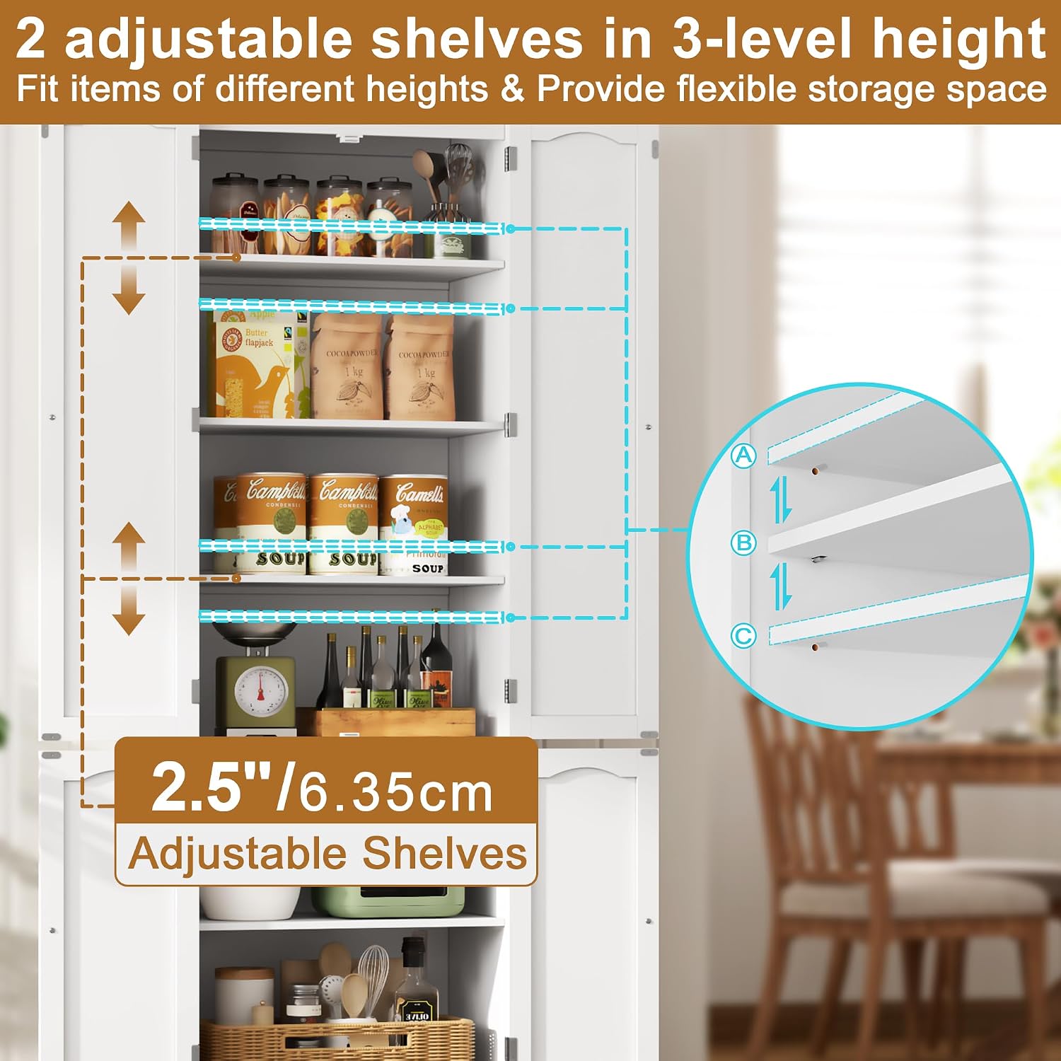 Function Home 72' Kitchen Pantry Cabinet, Freestanding Storage Cabinets, Tall Food Pantry with Doors and Adjustable Shelves, Utility Floor Cabinet for Kitchen Dining Room Living Room, White
