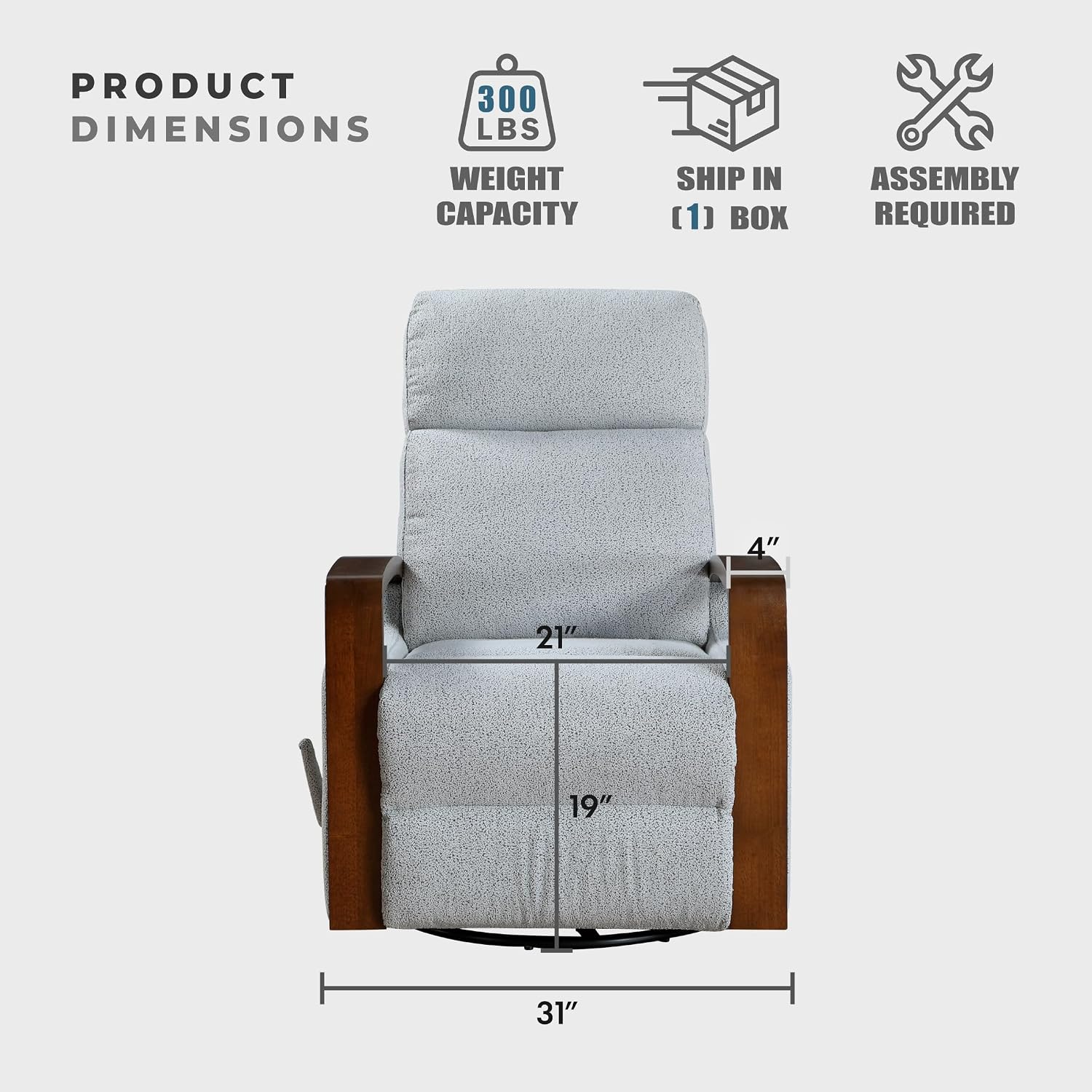 Lexicon 360 Degree Swivel Glider Reclining Chair, Soft Boucle Manual Recliner, Comfy Nursery Glider Recliner, Wood Arms, Pull Handle for Living Room/Office/Bedroom/Apartment, Gray