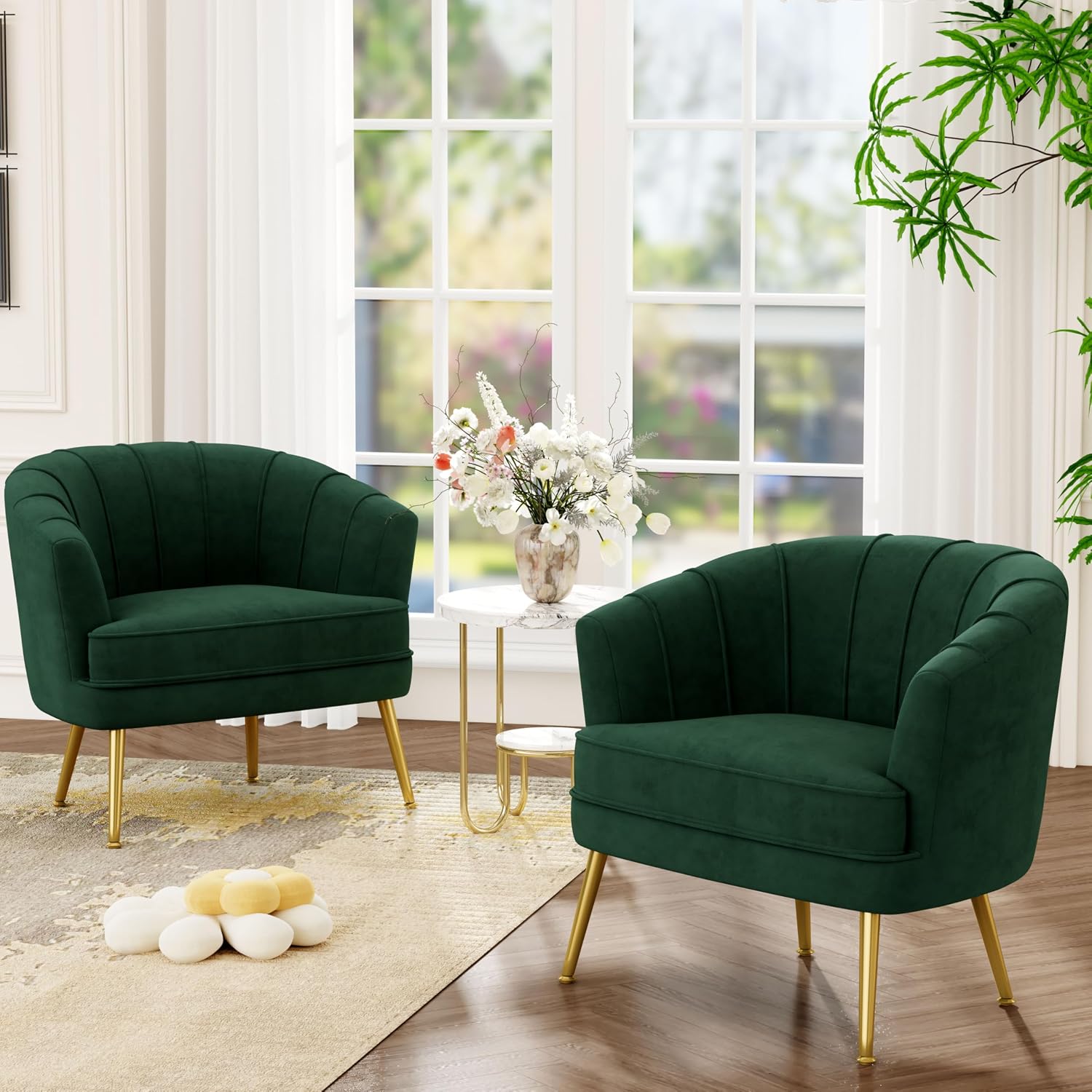 Andeworld Velvet Accent Chair Set of 2, Upholstered Modern Single Sofa Side Chair,Comfy Barrel Club Living Room Armchair with Golden Metal Legs for Bedroom Living Reading Room Office, Green