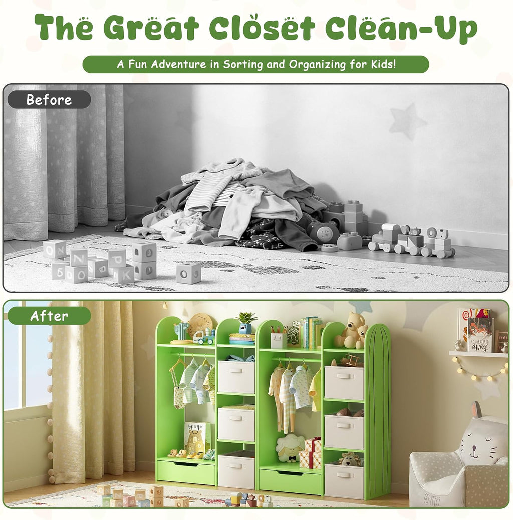BVIUNTWO Wooden Kids Dress Up Storage Center,Set of 2 Green Cactus Themed Open Wardrobe Closet with Hanging Rod, Bottom Drawer,Children's Costume Organizer & Garment Rack for Playroom,Bedroom