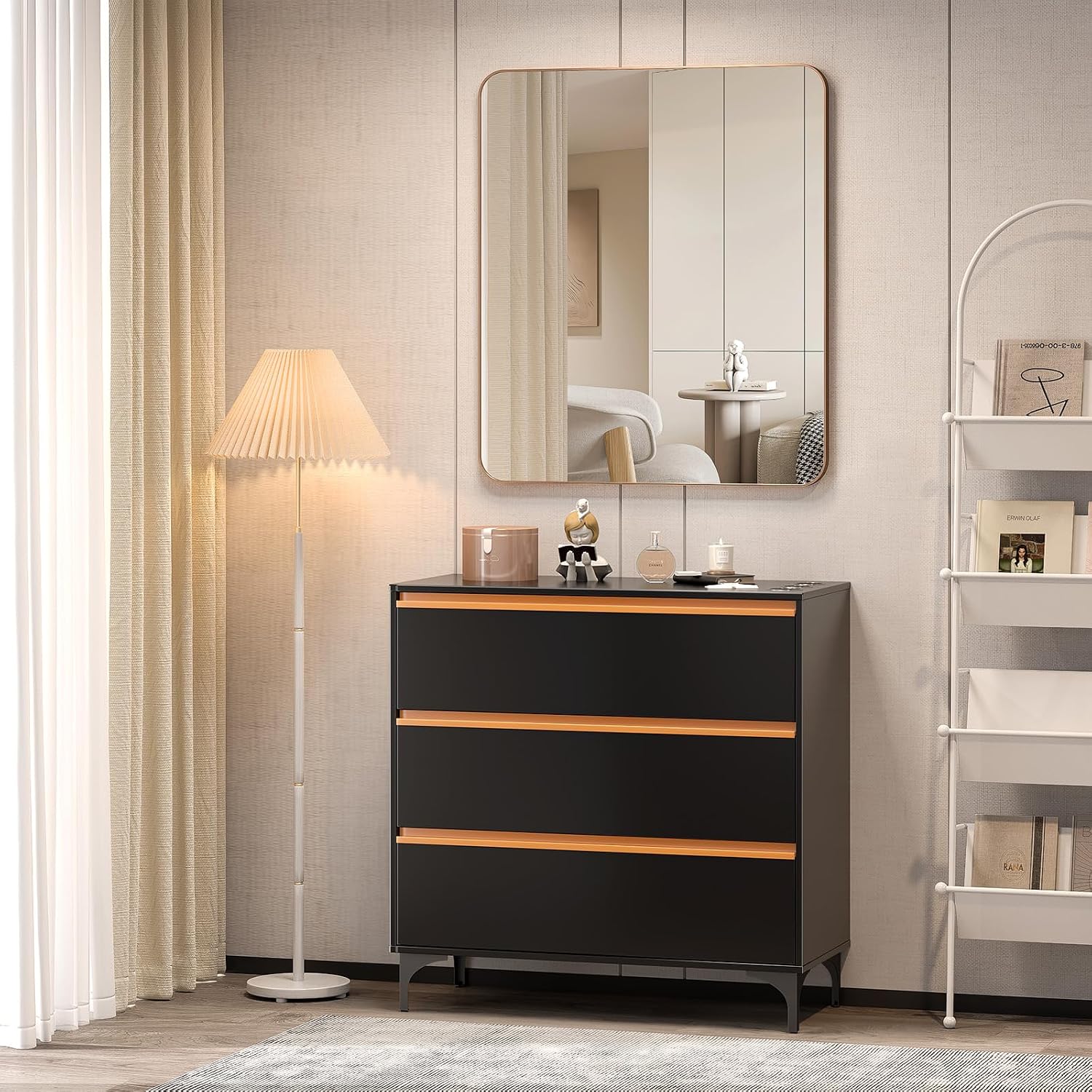 OmySalon Salon Station for Hair Stylists, Barber Free Standing Styling Cabinet with 3 Drawers, Square Mirror & Hair Dryer Holders, Modern Black Gold Beauty Dresser for Salon, Spa, Home