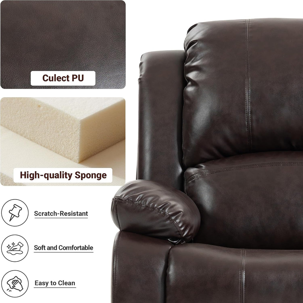 Manual Recliner Chair, Adjustable Push Back Leather Reclining for Living Room, Reddish Brown