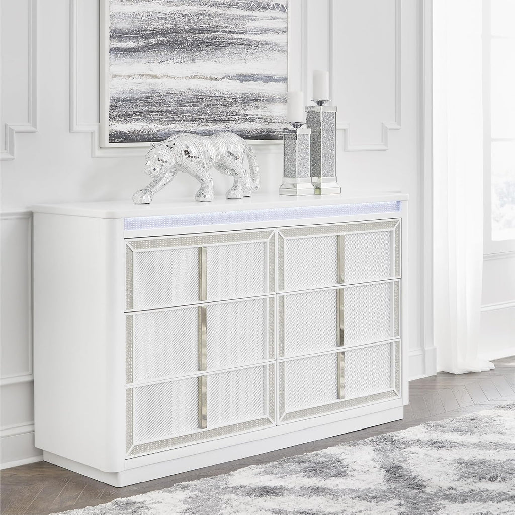 Signature Design by Ashley Chalanna Contemporary Dresser with 6 Drawers, Built-in LED Lighting, Rhinestone Details, Wood, White, 64' W x 20' D x 38.75' H