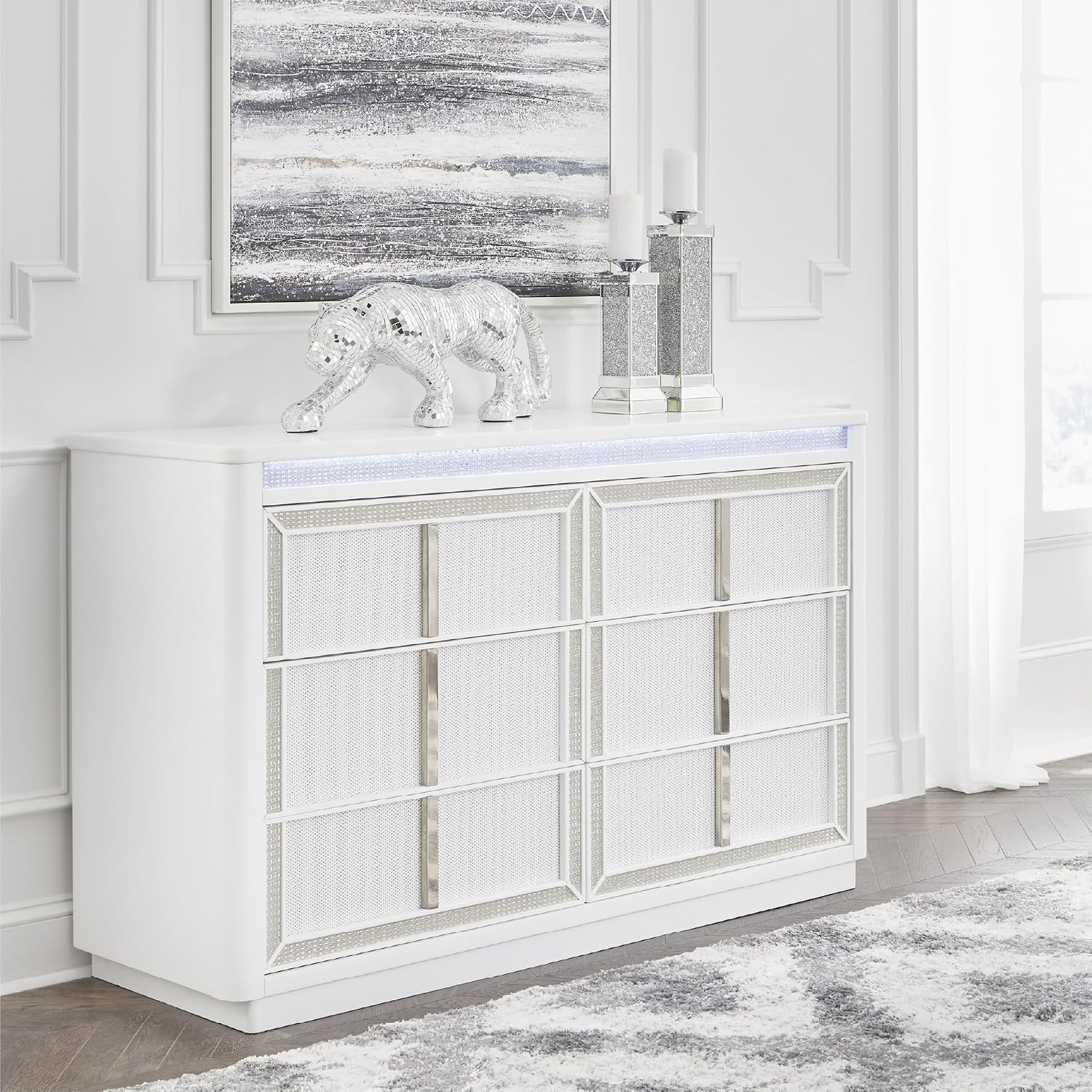 Signature Design by Ashley Chalanna Contemporary Dresser with 6 Drawers, Built-in LED Lighting, Rhinestone Details, Wood, White, 64' W x 20' D x 38.75' H