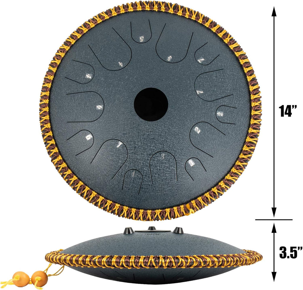 Happybuy Navy Blue Tongue Drum 14 Notes Dish Shape Drum 14 Inches Dia. Manual Percussion Pure Copper Steel Tongues 14 Notes Steel Tongue Handpan Drum with Rope Decoration and Mallets,Bag, Music Book