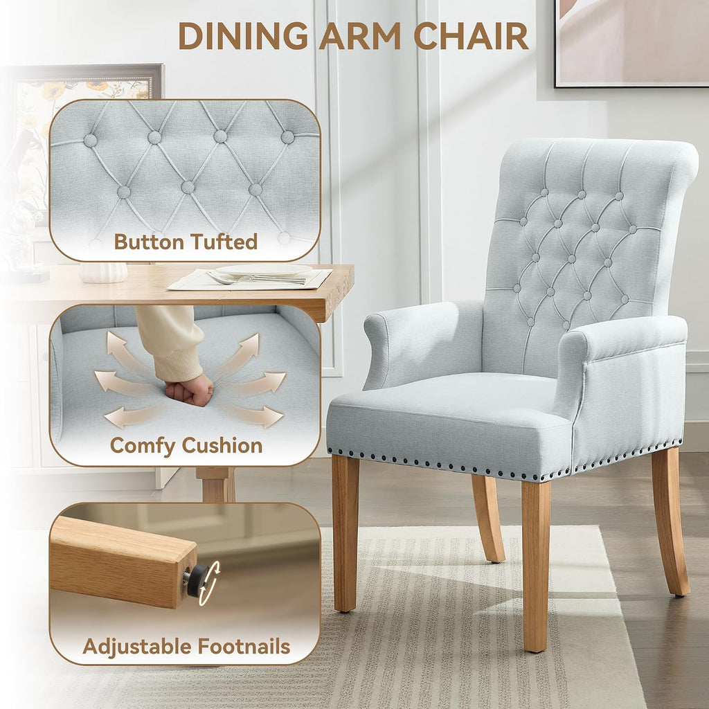 WUTUTUEE Fabric Dining Chair with Arms, Upholstered Tufted High Back Dining Room Chairs, Accent Armchair with Solid Wood Leg and Nailhead Trim, Kitchen Dining Living Room, Sky Blue