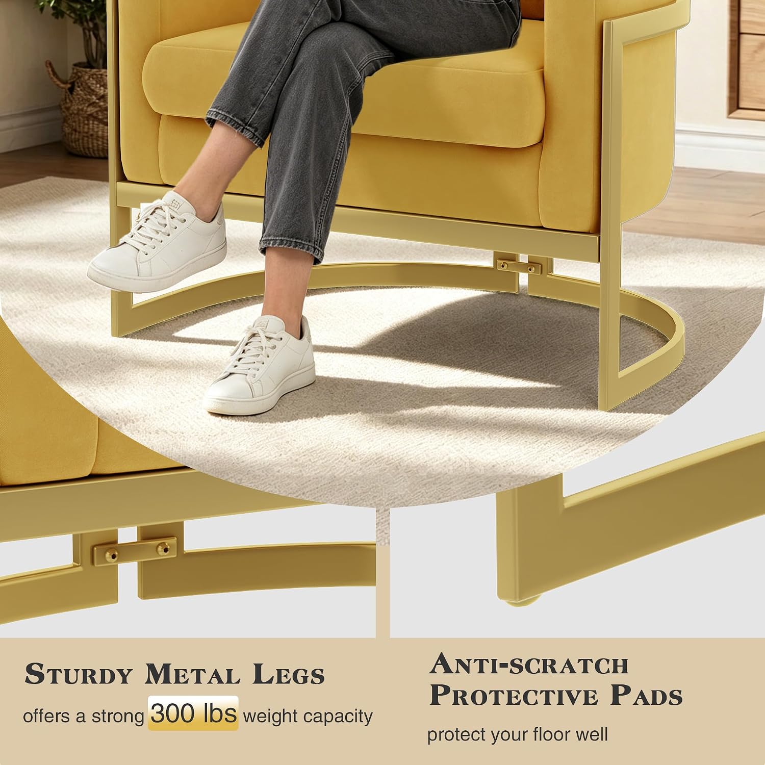 Velvet Accent Chair Yellow Modern Barrel Chair with Gold Legs Upholstered Armchair for Bedroom Living Room Sofa Chair Club Side Chairs