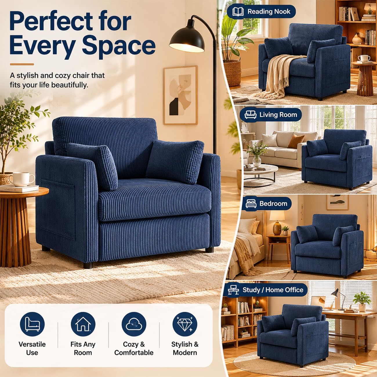Modern Corduroy Accent Chairs, 38' W Reading Armchair with Comfy Pillows and Side Pockets, Single Reading Chairs for Living Room, Bedroom, Apartment, Navy Blue