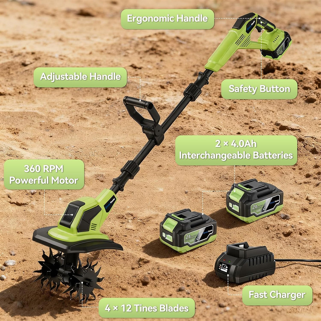 Cordless Tiller Cultivator - 21V 360RPM Electric Garden Tiller with 2 * 4.0Ah Batteries & Fast Charger, 9In Tilling Width and 6.7In Depth, Tiller for Gardening, Lawn, Soil