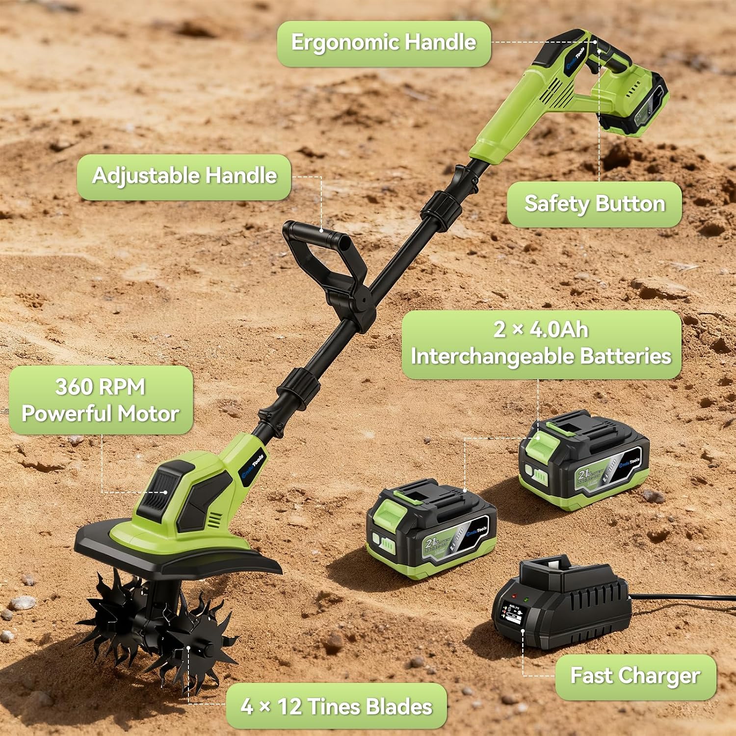 Cordless Tiller Cultivator - 21V 360RPM Electric Garden Tiller with 2 * 4.0Ah Batteries & Fast Charger, 9In Tilling Width and 6.7In Depth, Tiller for Gardening, Lawn, Soil