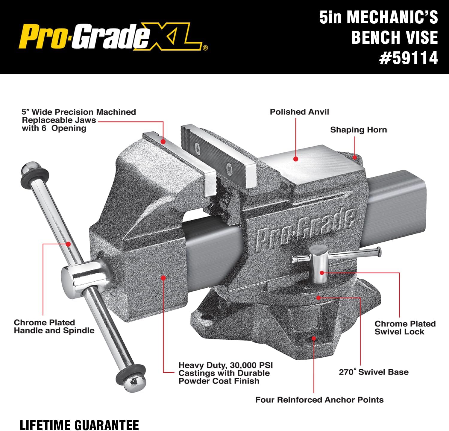 Pro-Grade Mechanic's Bench Vise 5-Inch Heavy Duty Vise with Swivel Base, 59114