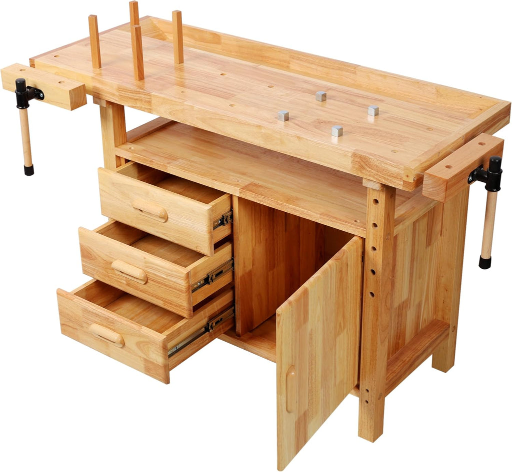 Montary 50' Professional Rubberwood Heavy Duty Workbench with 3 Drawers, 1 Cabinet Door & Open Shelf Integrated Vises, Wood Work Bench for Garage, Woodworking Carpenter Workshop & Home Use