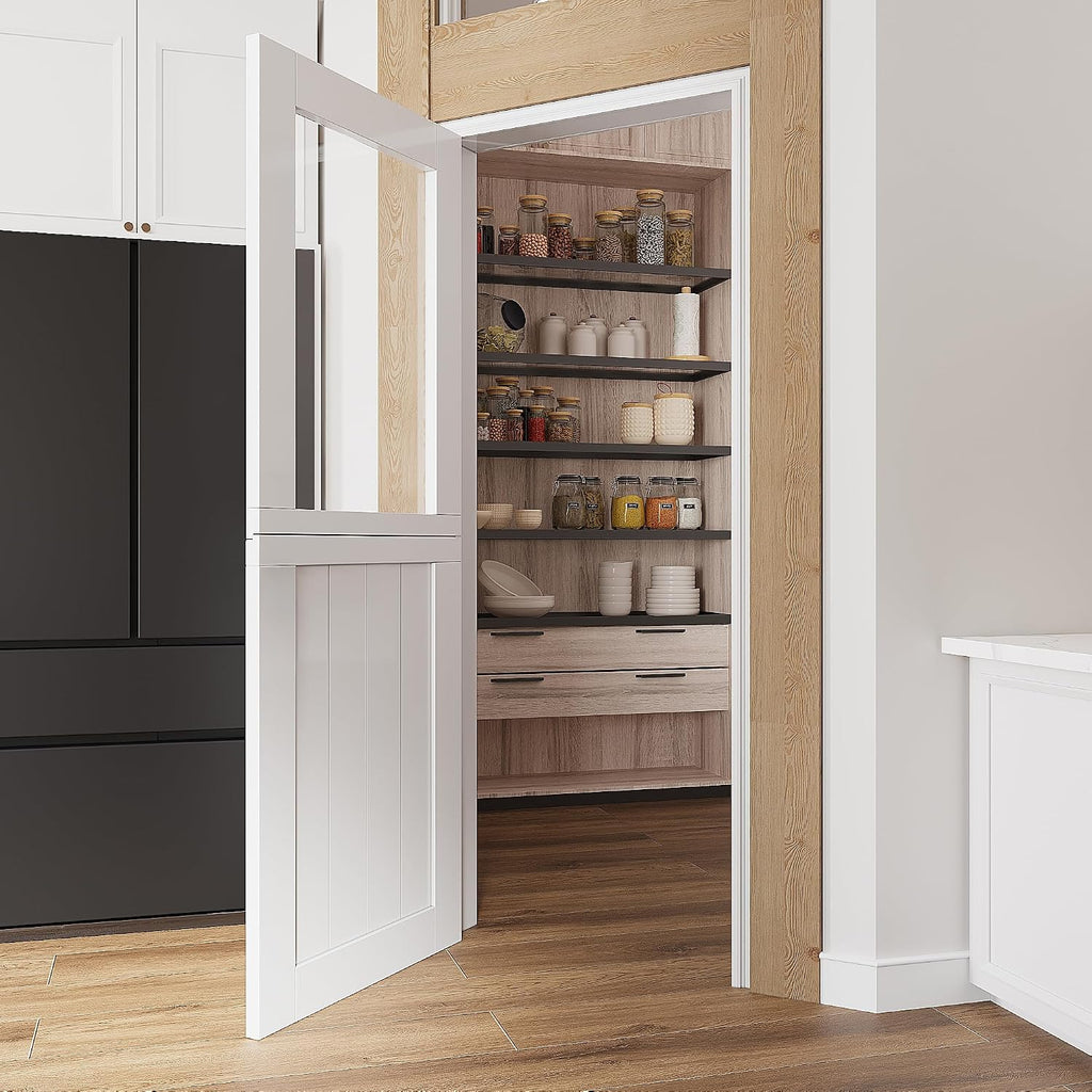 32'x 80' Pantry Door, Pre-Assembled Dutch Door Slab, French Interior White Solid Wood Core with Clear Glass Panel, 4 Hinges & Latch Included, Pocket Barn Doors for Living Room, Closet & Back Porch