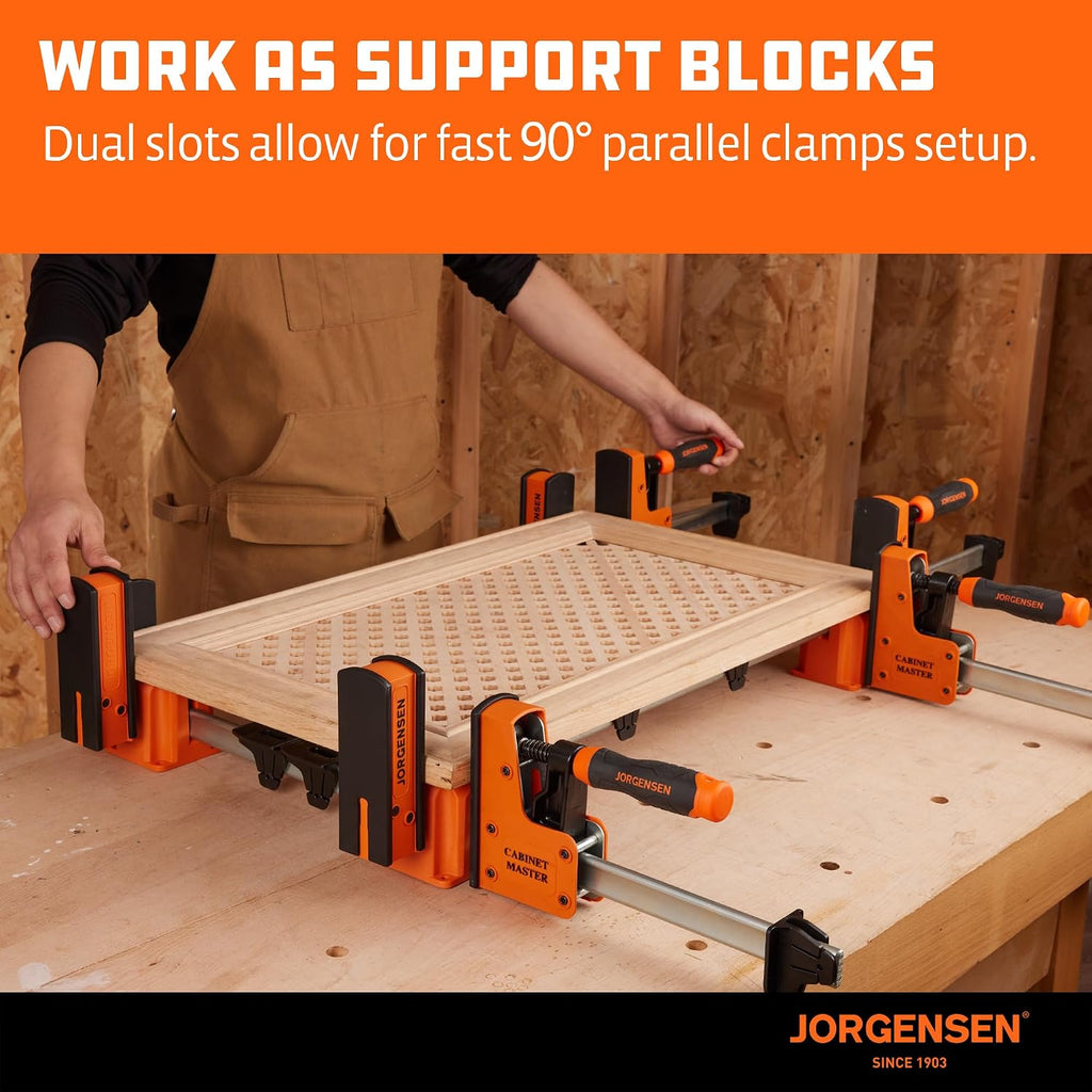 JORGENSEN 36-Inch Parallel Bar Clamp 2-Pack & 3-in-1 Support Block 4-Pack, Heavy-Duty Cabinet Master Clamp for Woodworking Glue-Up, 2200 lbs Force, Quick Release, Spreader Function + Riser Blo