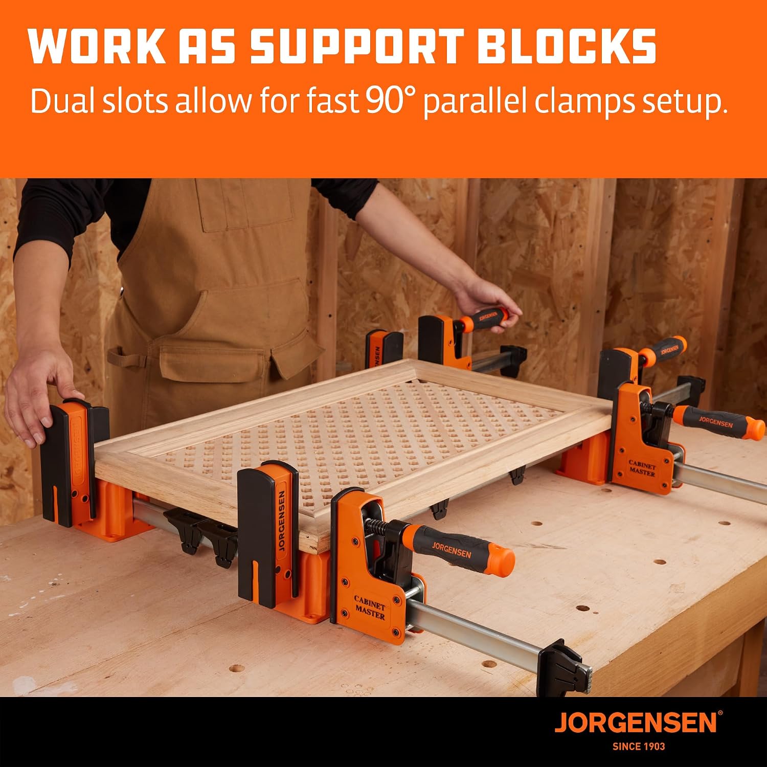 JORGENSEN 36-Inch Parallel Bar Clamp 2-Pack & 3-in-1 Support Block 4-Pack, Heavy-Duty Cabinet Master Clamp for Woodworking Glue-Up, 2200 lbs Force, Quick Release, Spreader Function + Riser Blo