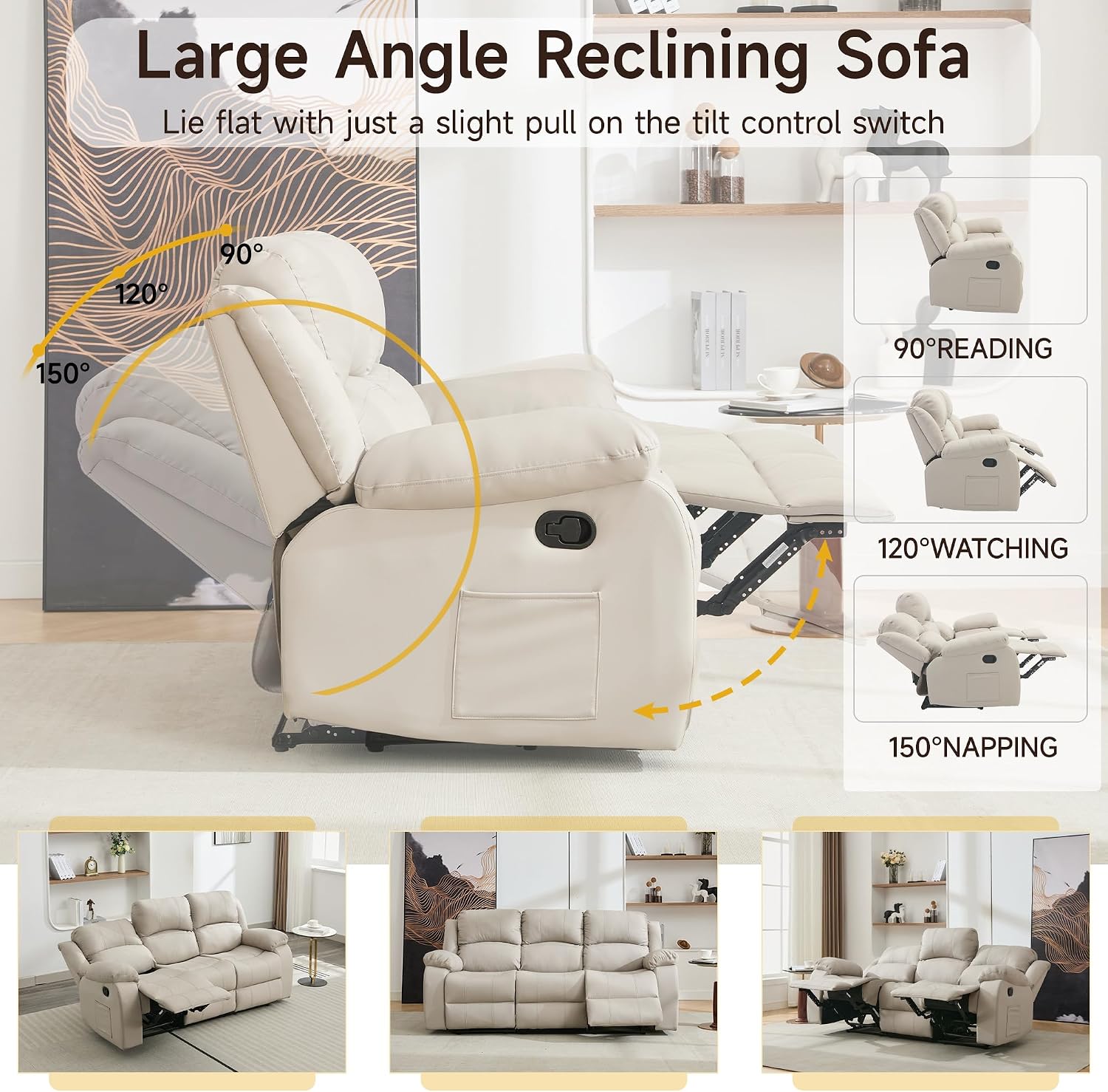 Reclining Loveseat Sofa Leather Recliner Sofa 3 Seater Couch for Living Room, Home Theater Seating(3 Seat,Beige)