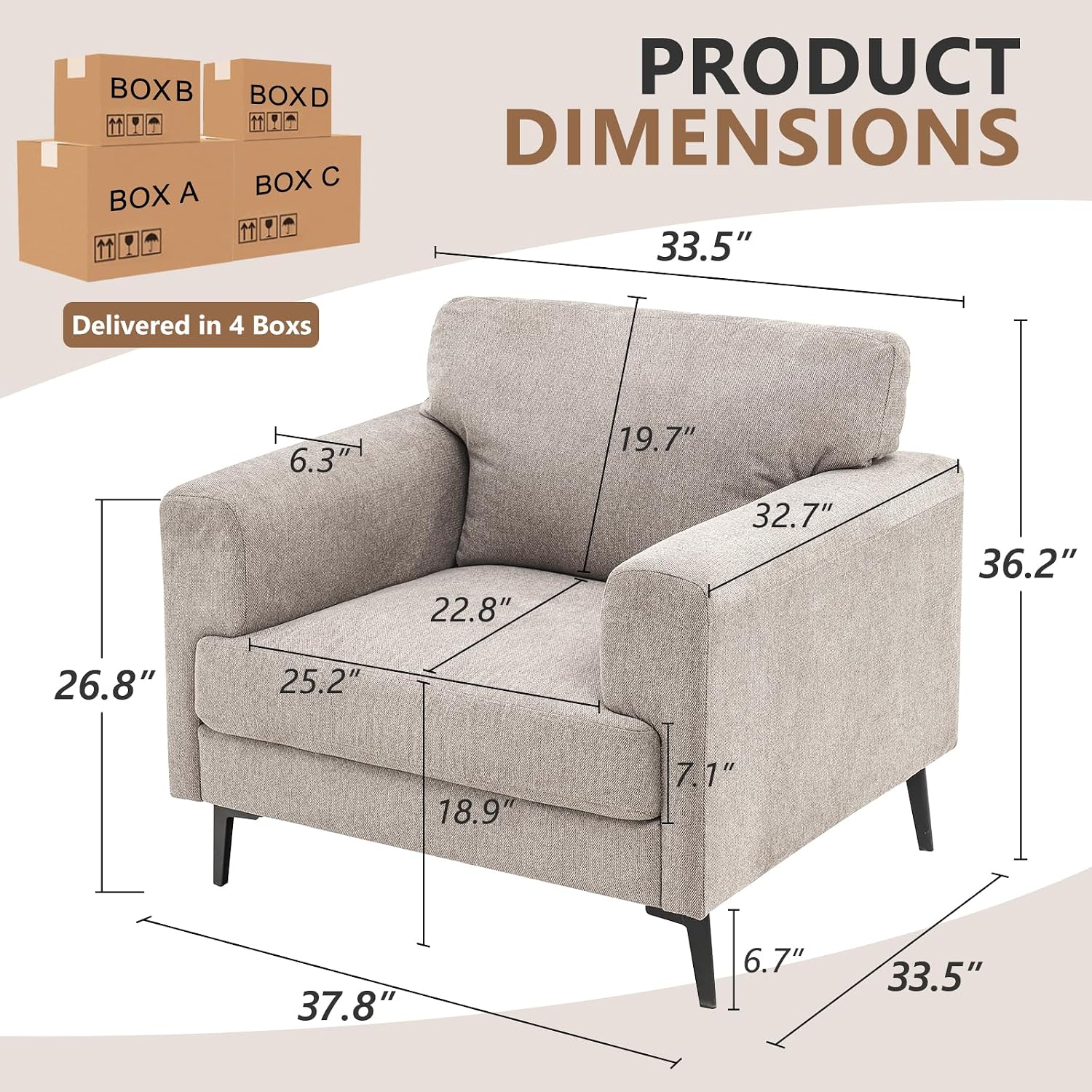CDCASA Accent Chair, Linen Fabric Oversized Mid Century Modern Chair Set of 2, Comfy Upholstered Armchair Reading Accent Chairs Sofa Chairs for Bedroom Living Room, Light Brown